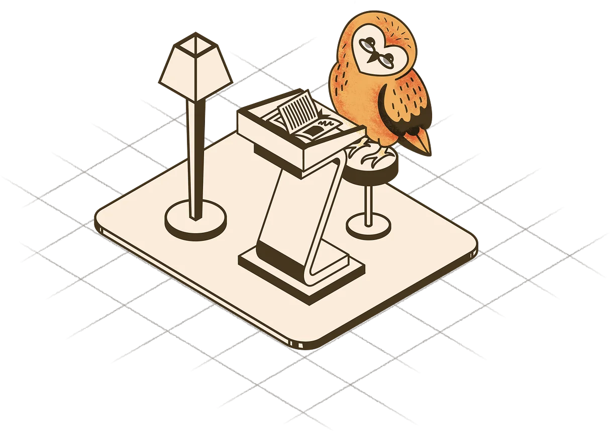 Barney the owl reading a documentation book
