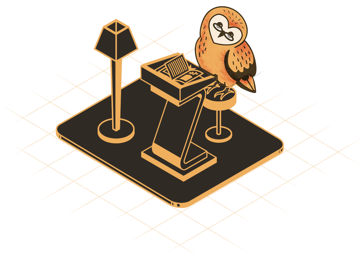 Barney the owl reading a documentation book
