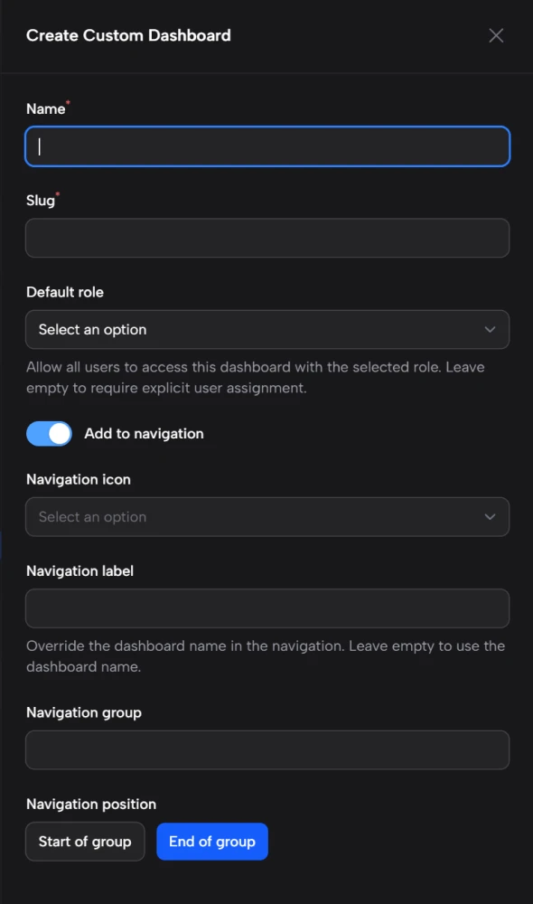 Screenshot of the create form for the Custom Dashboards plugin