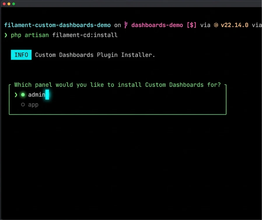Screenshot of the installation command for the Custom Dashboards plugin