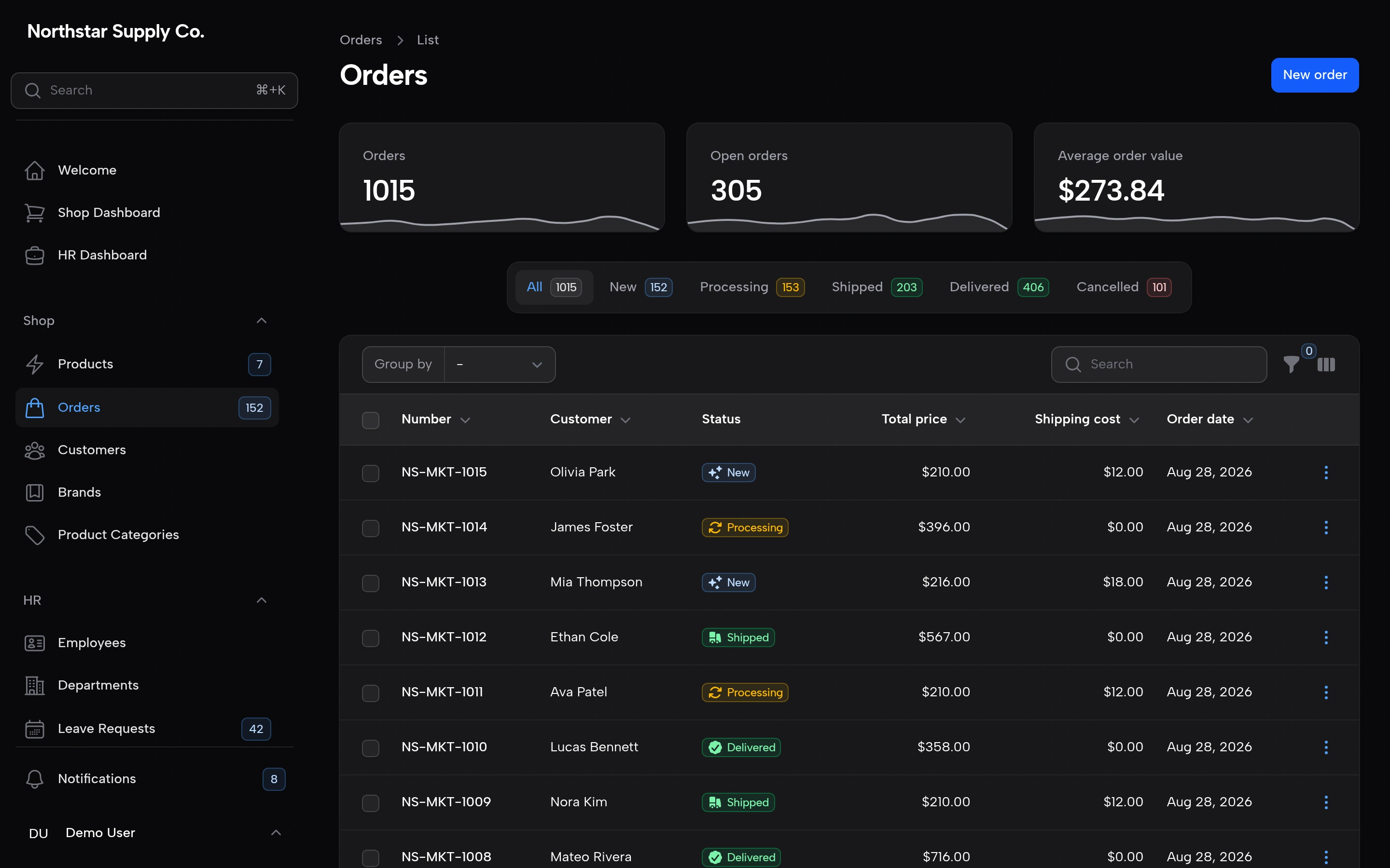 Filament demo orders page using the default theme and spacing in dark mode
