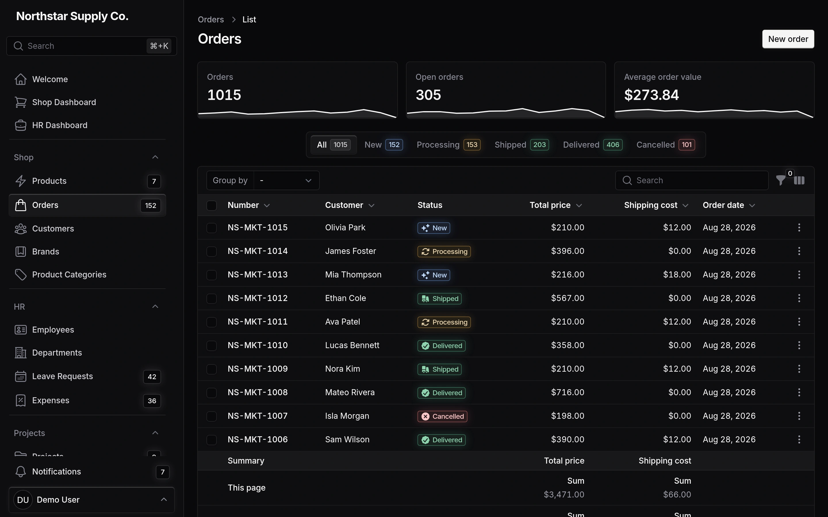 Right: Noir, Compact density, dark mode, Orders screen