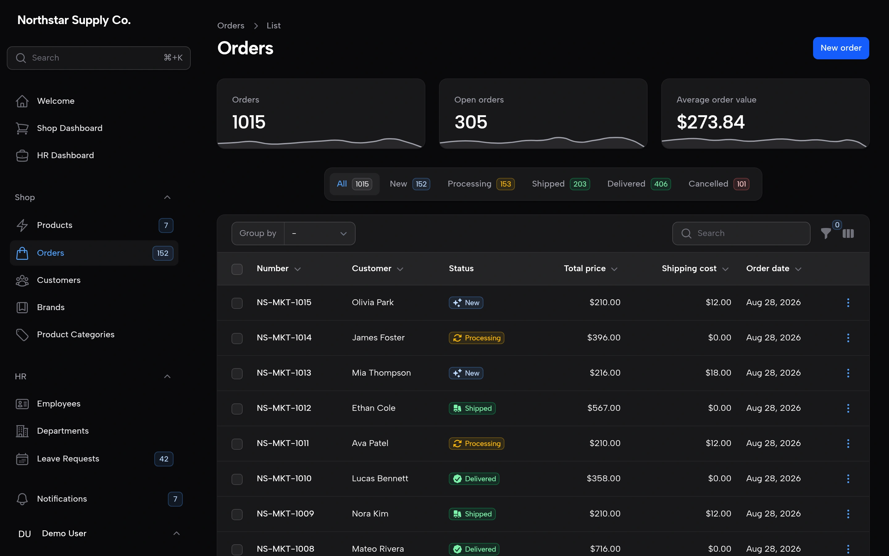 Filament demo orders page using the default theme and spacing in dark mode