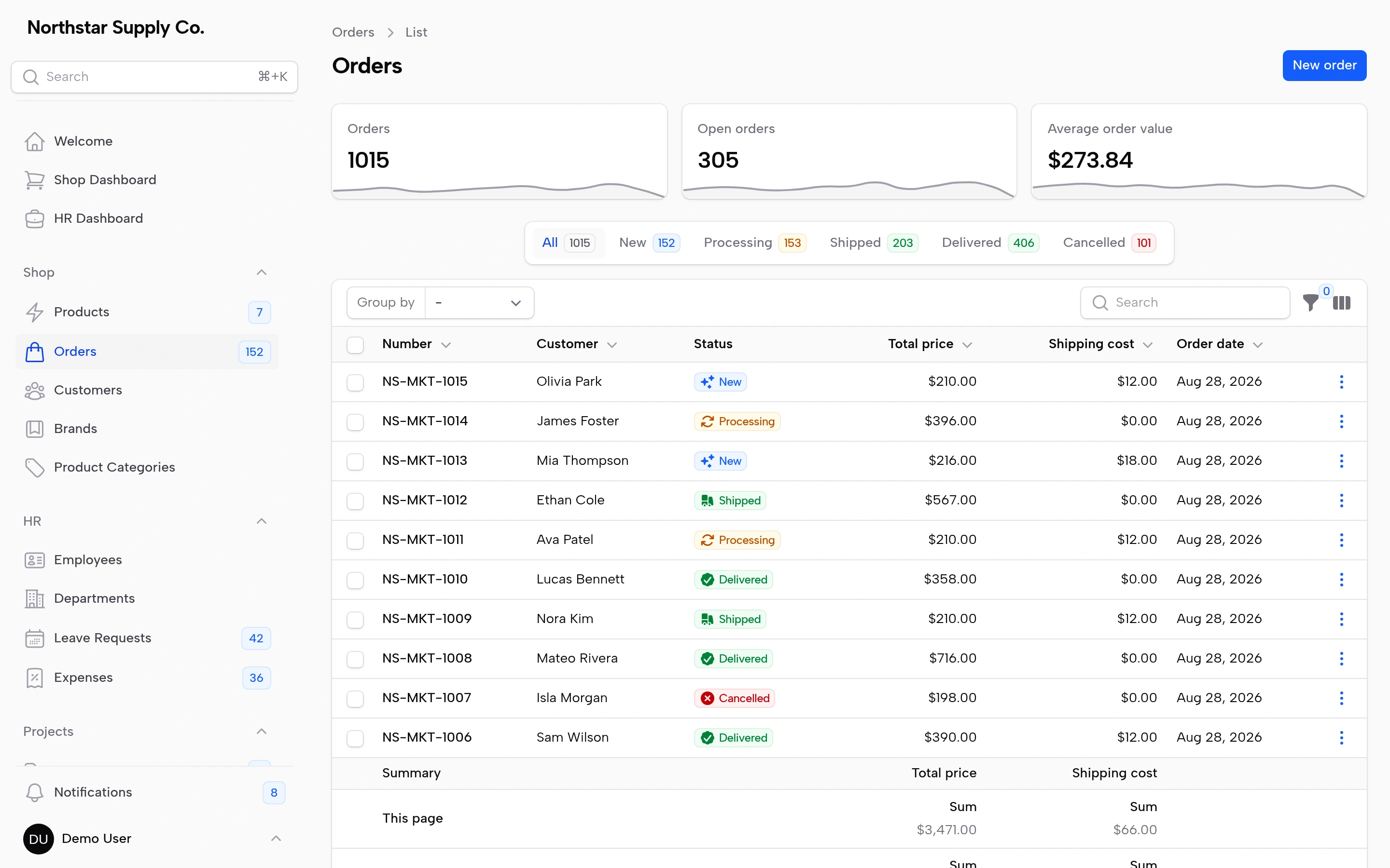 Default Orders screen at Compact density