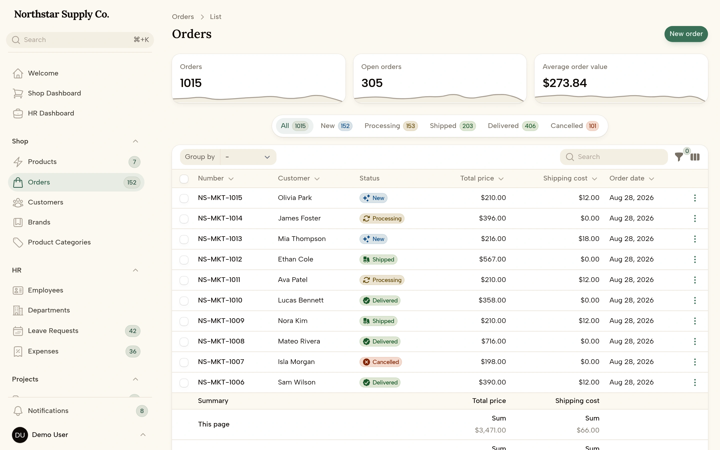 Right: Soft, Compact density, light mode, Orders screen