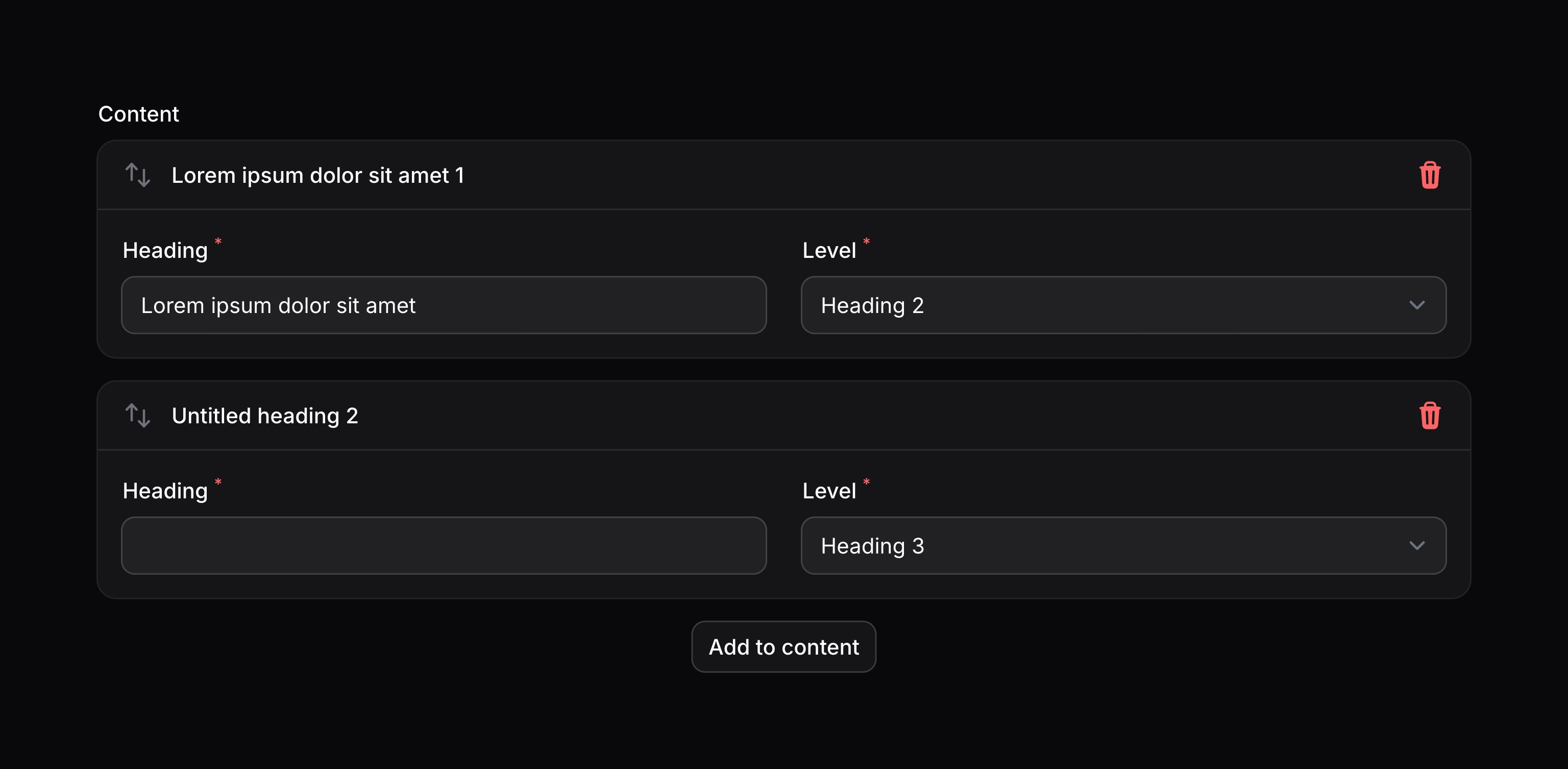 Builder with labelled blocks based on the content