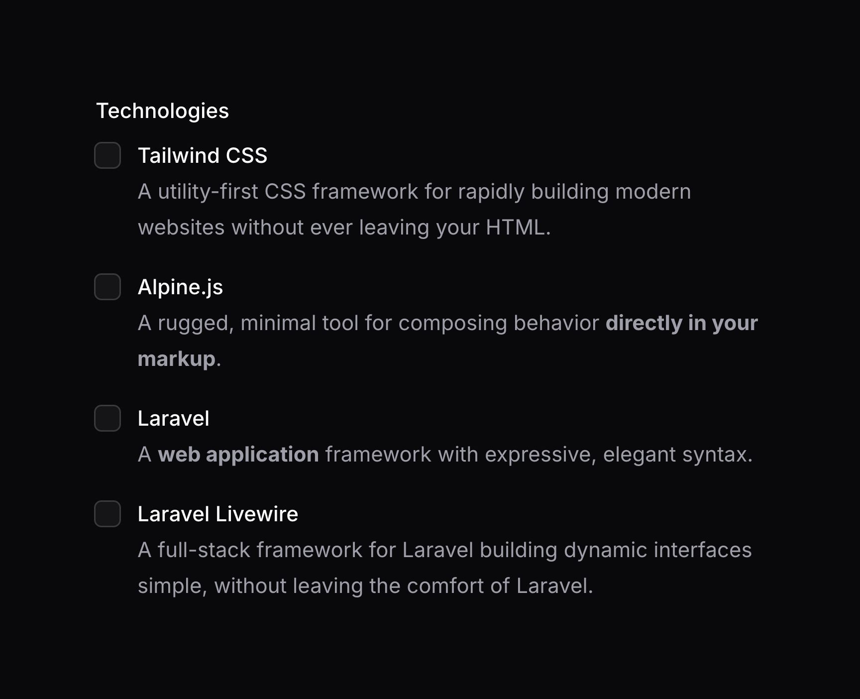 Checkbox list with option descriptions