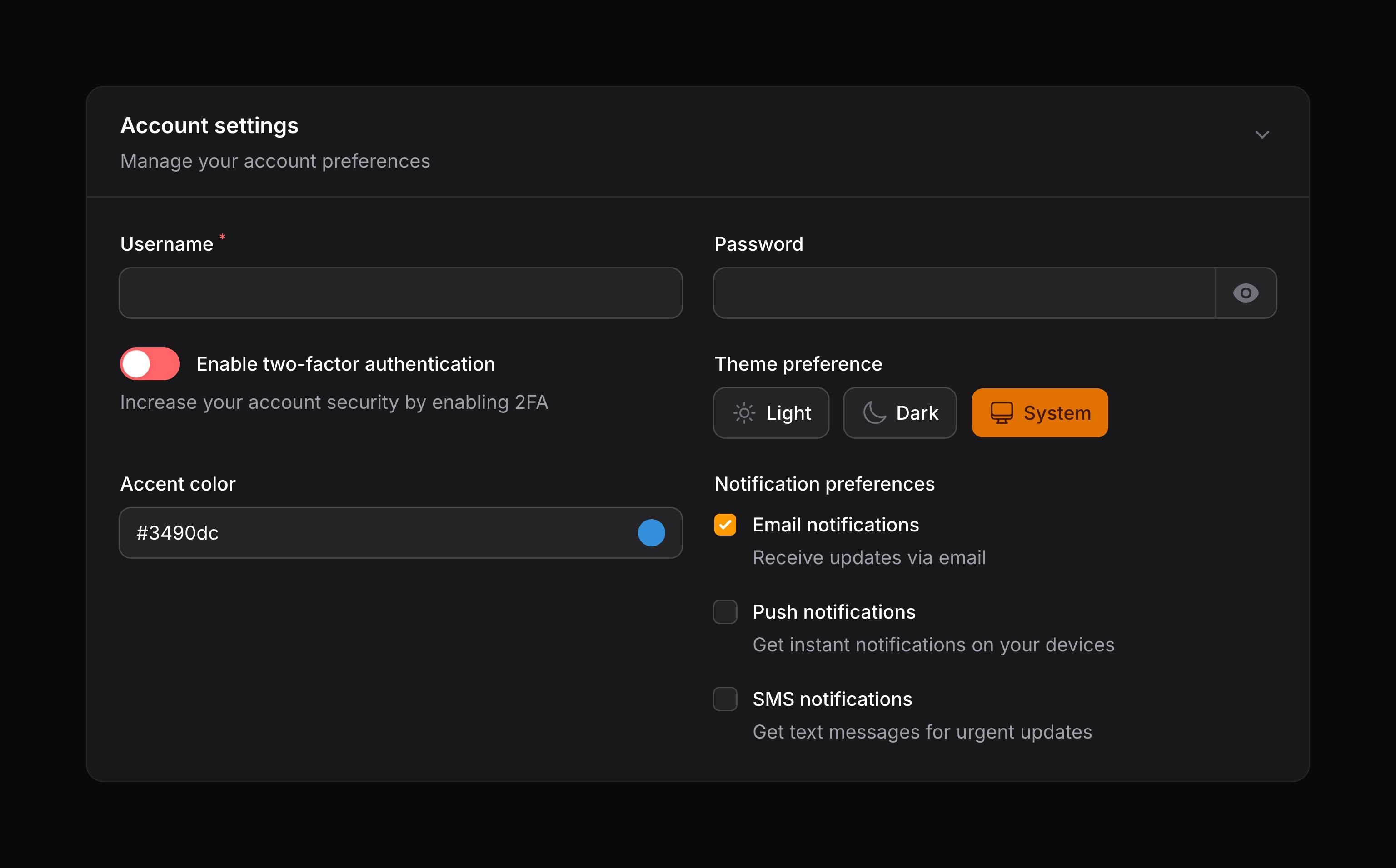Account settings form example