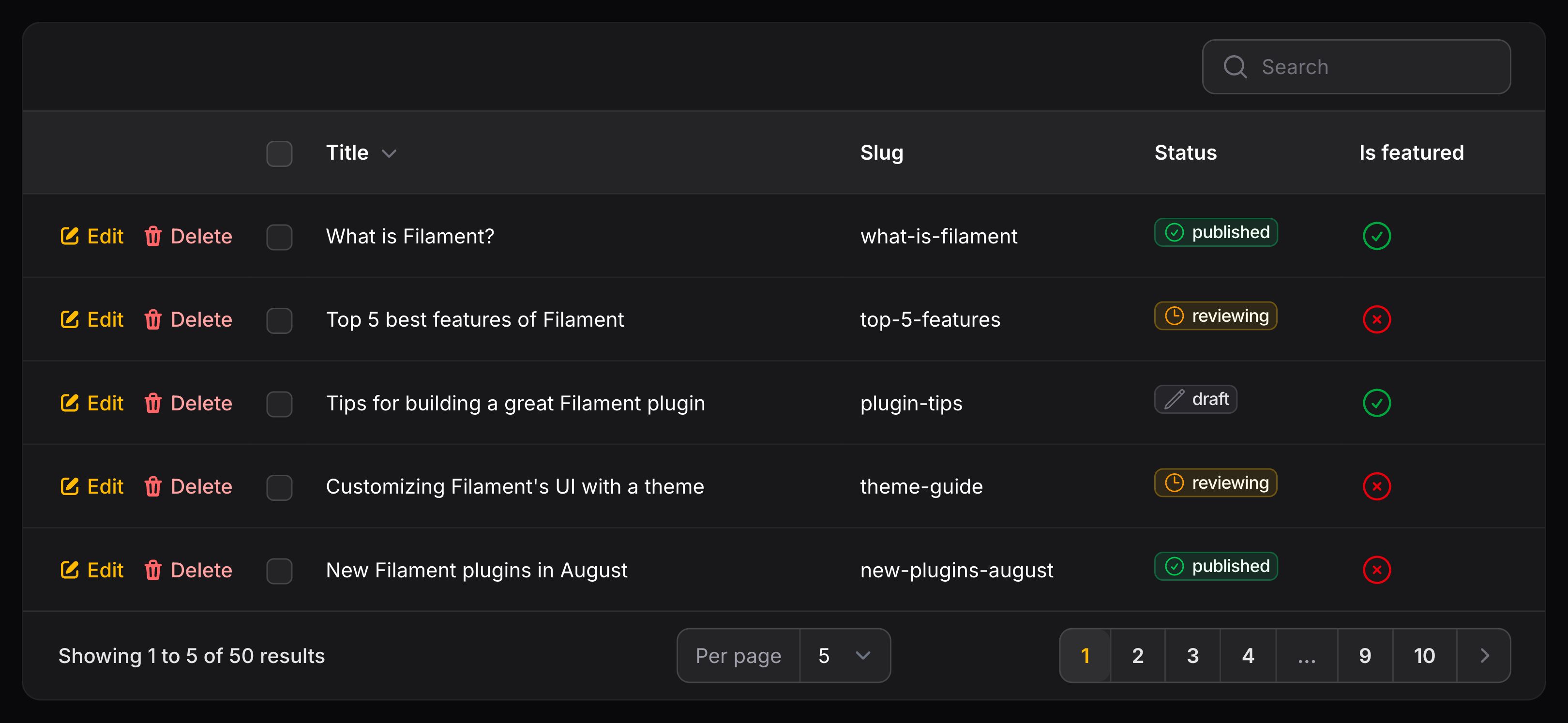 Table with actions before cells