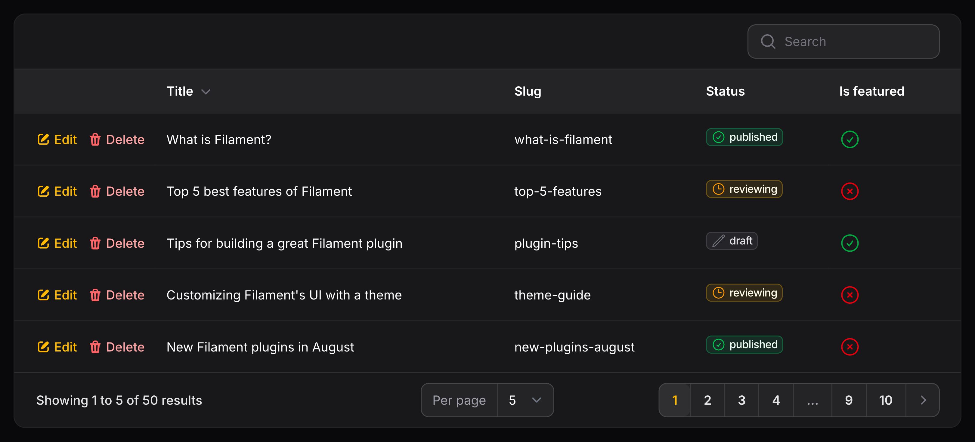 Table with actions before columns