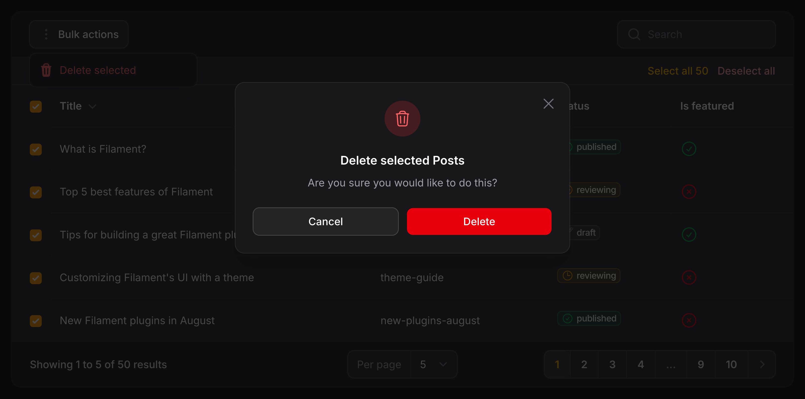Table with bulk action