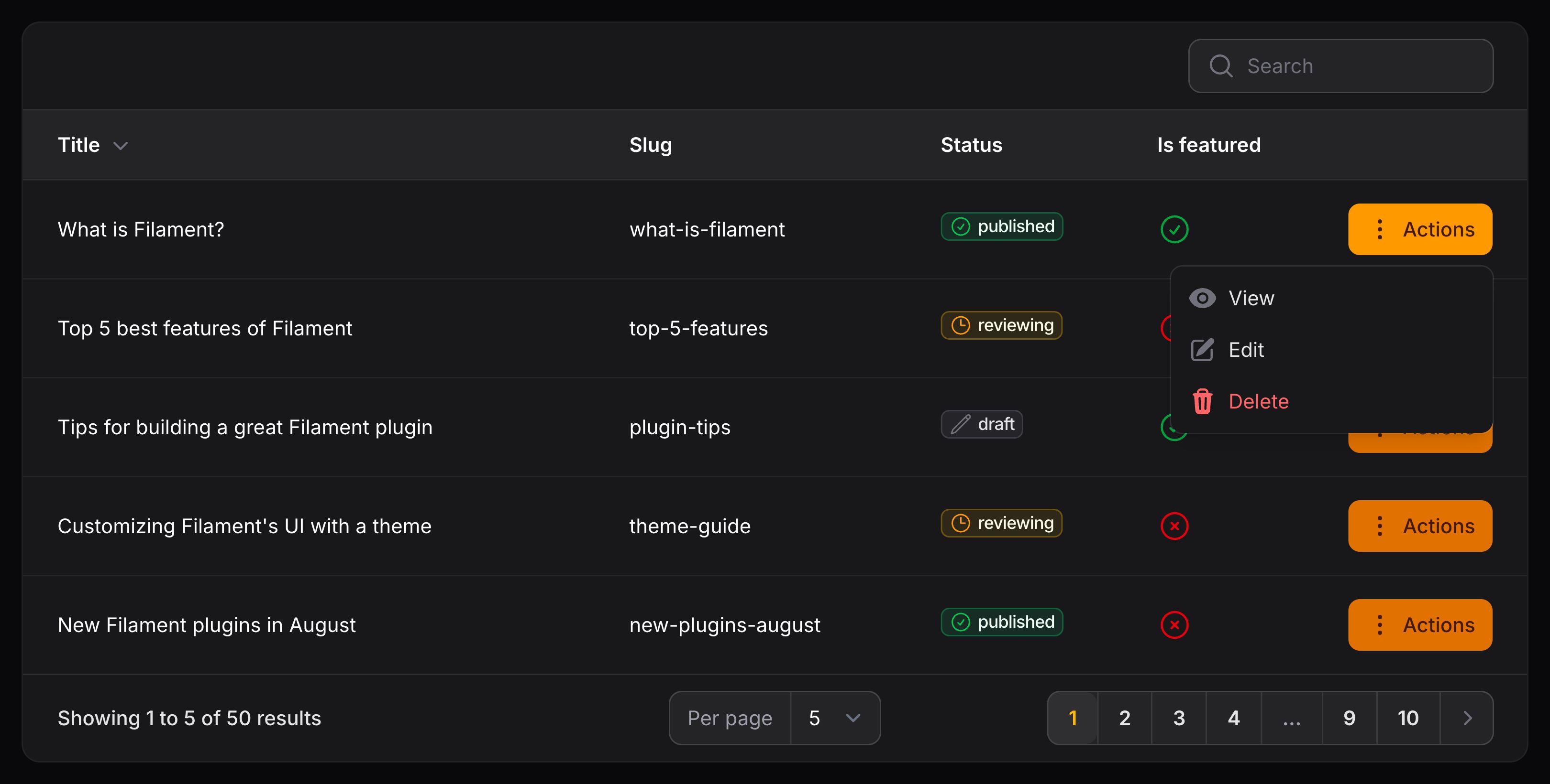 Table with button action group