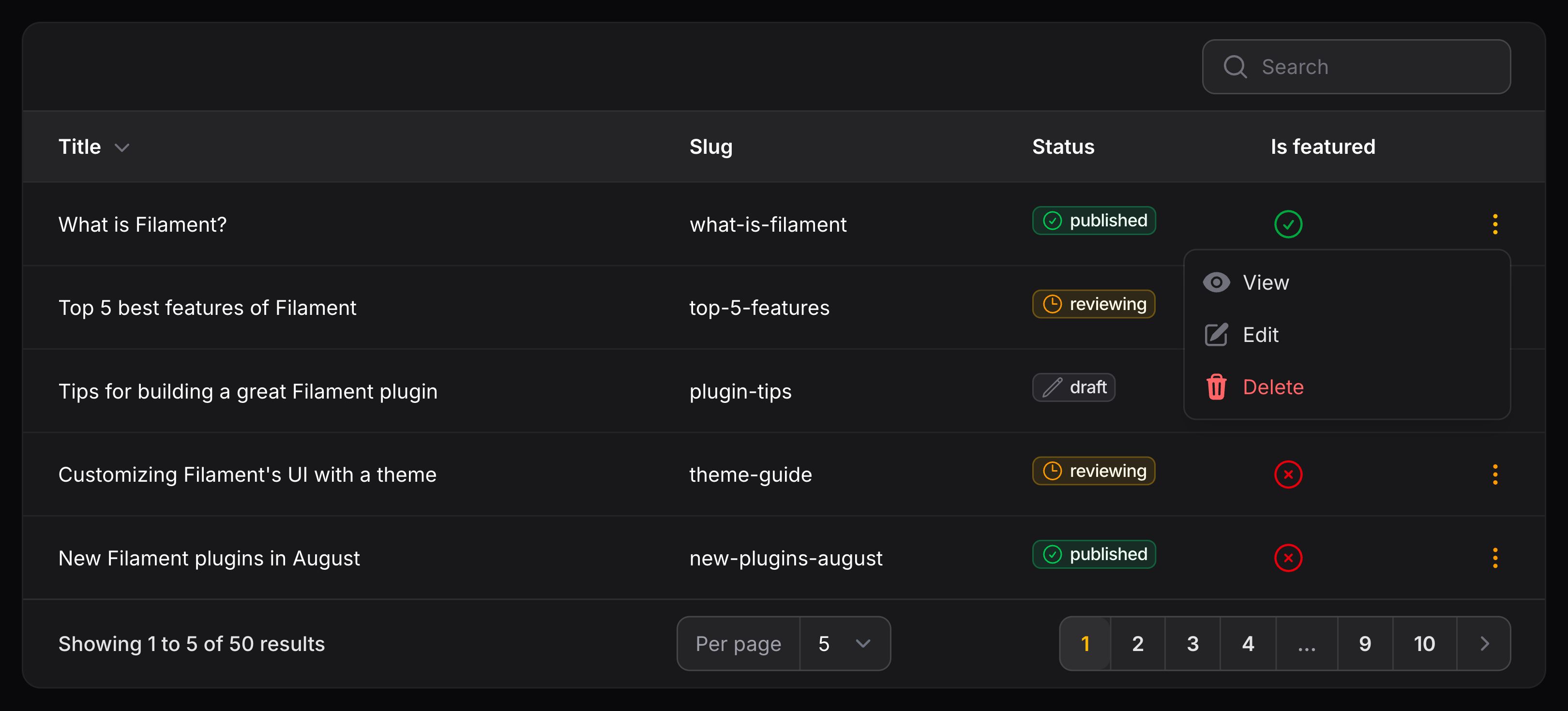 Table with action group