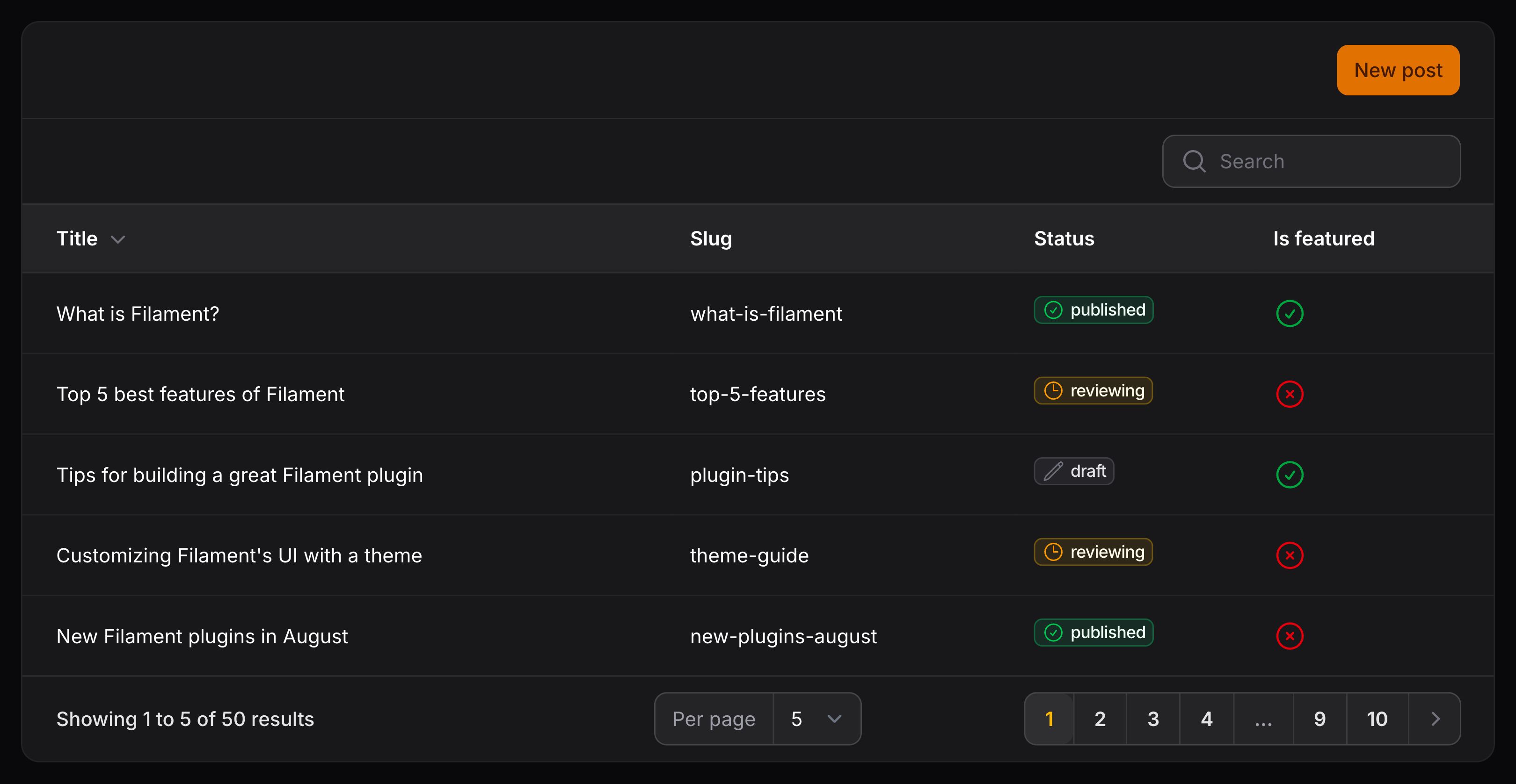 Table with header actions