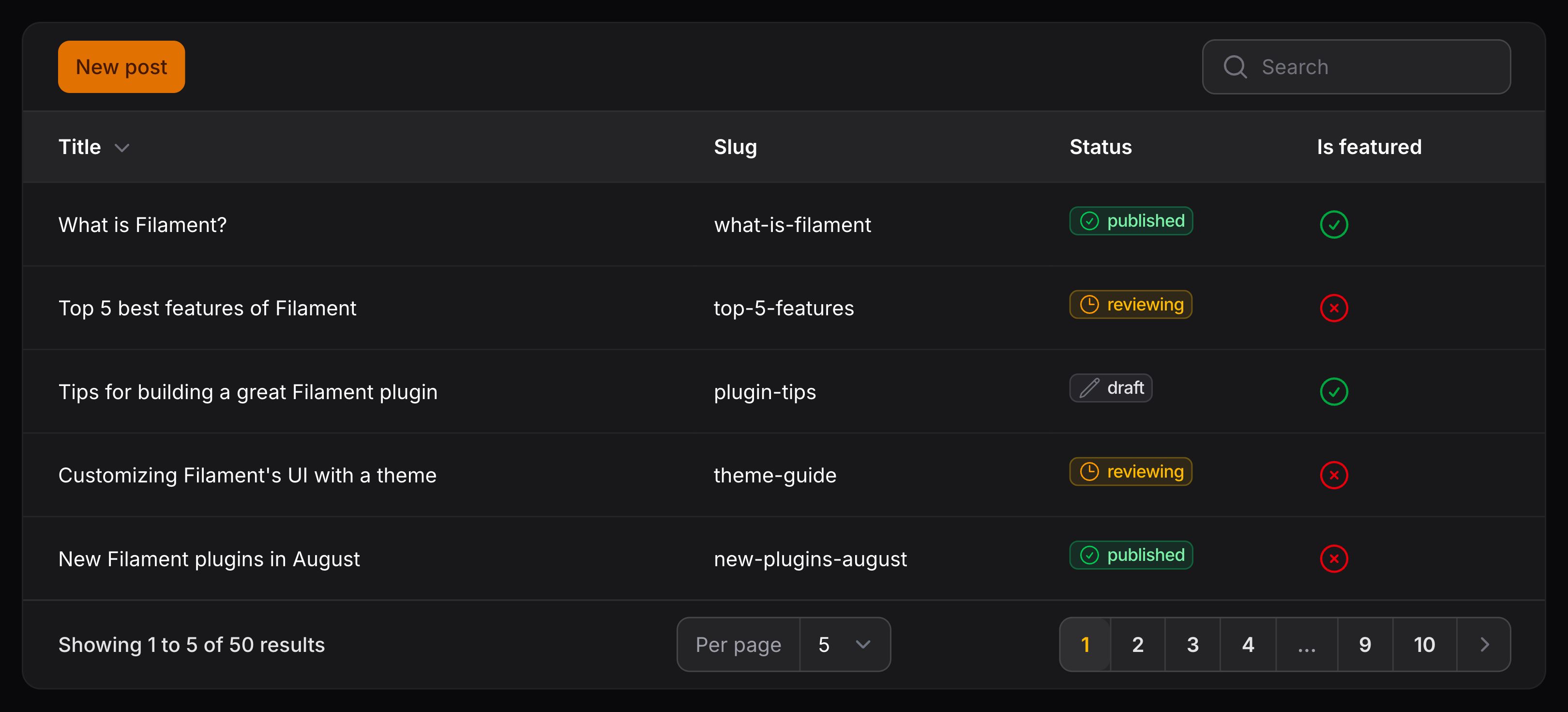 Table with toolbar actions