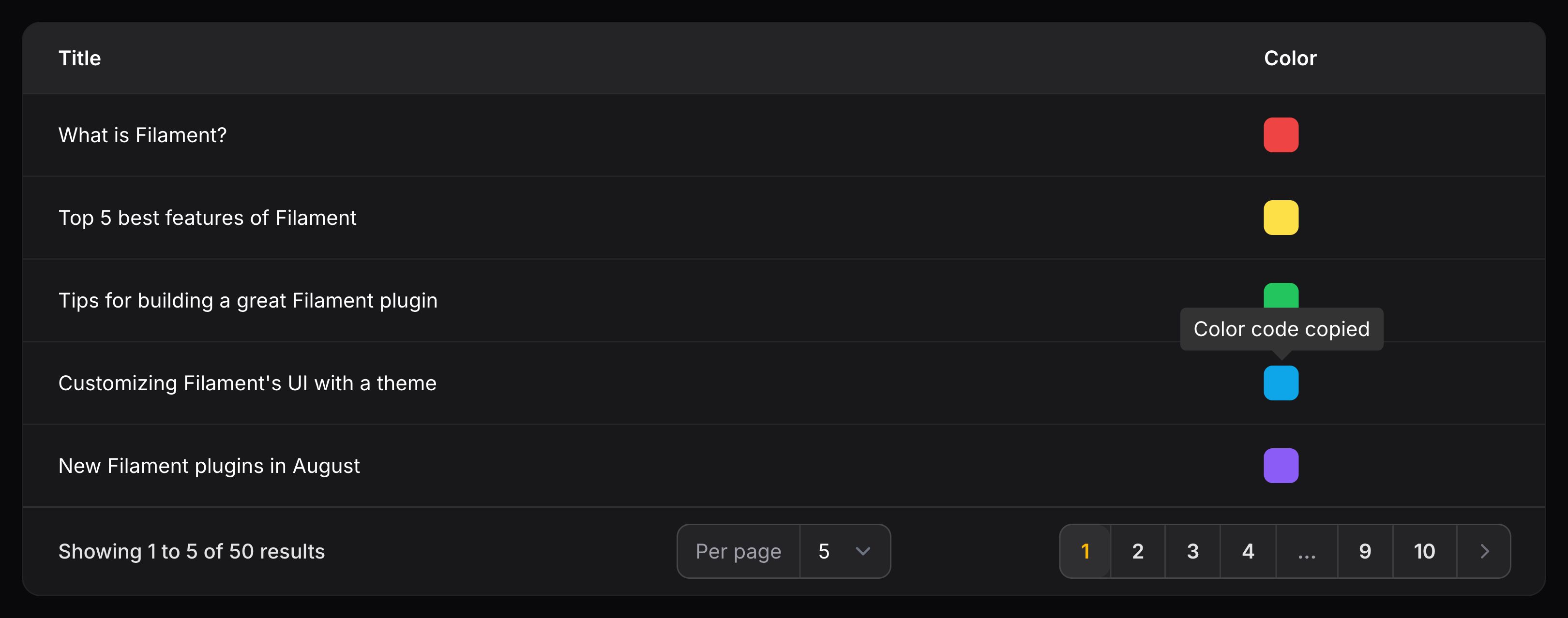 Color column with a button to copy it