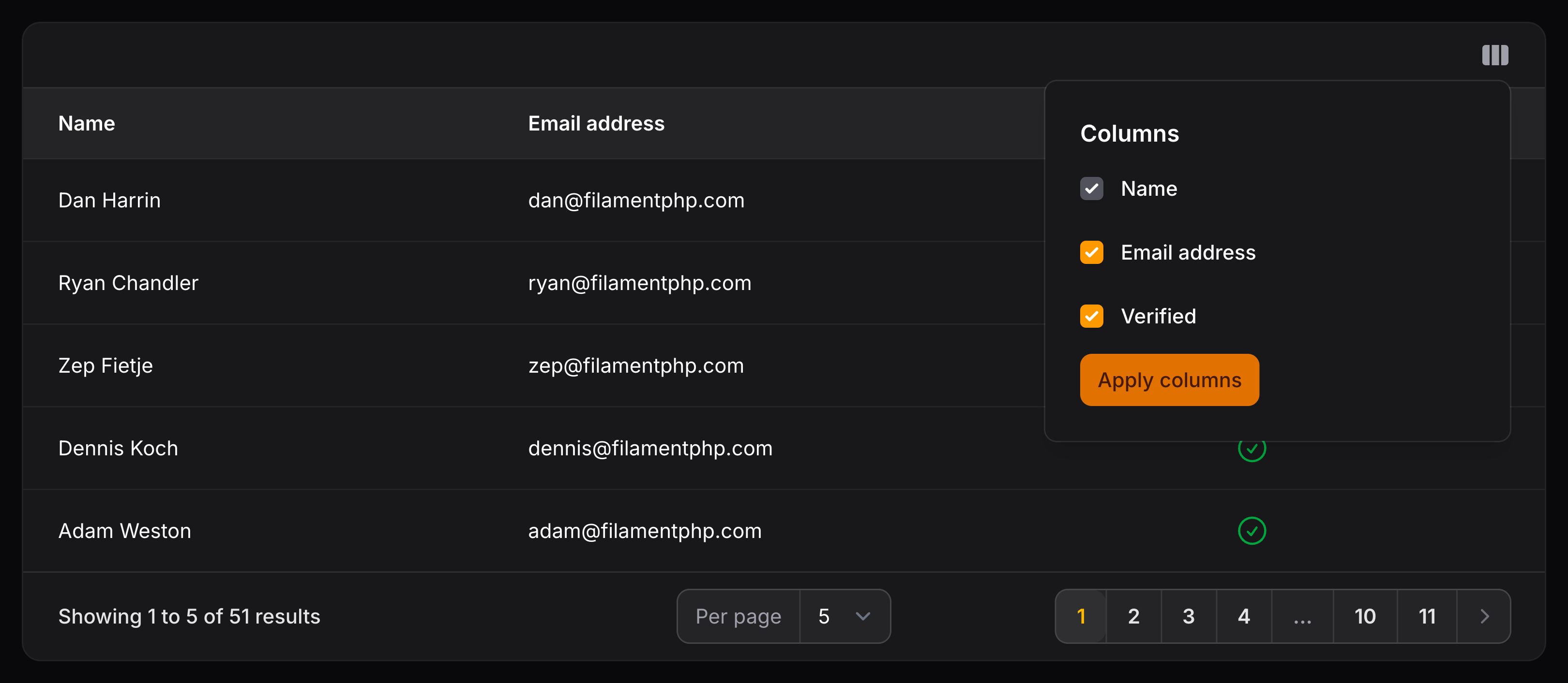 Table with column manager