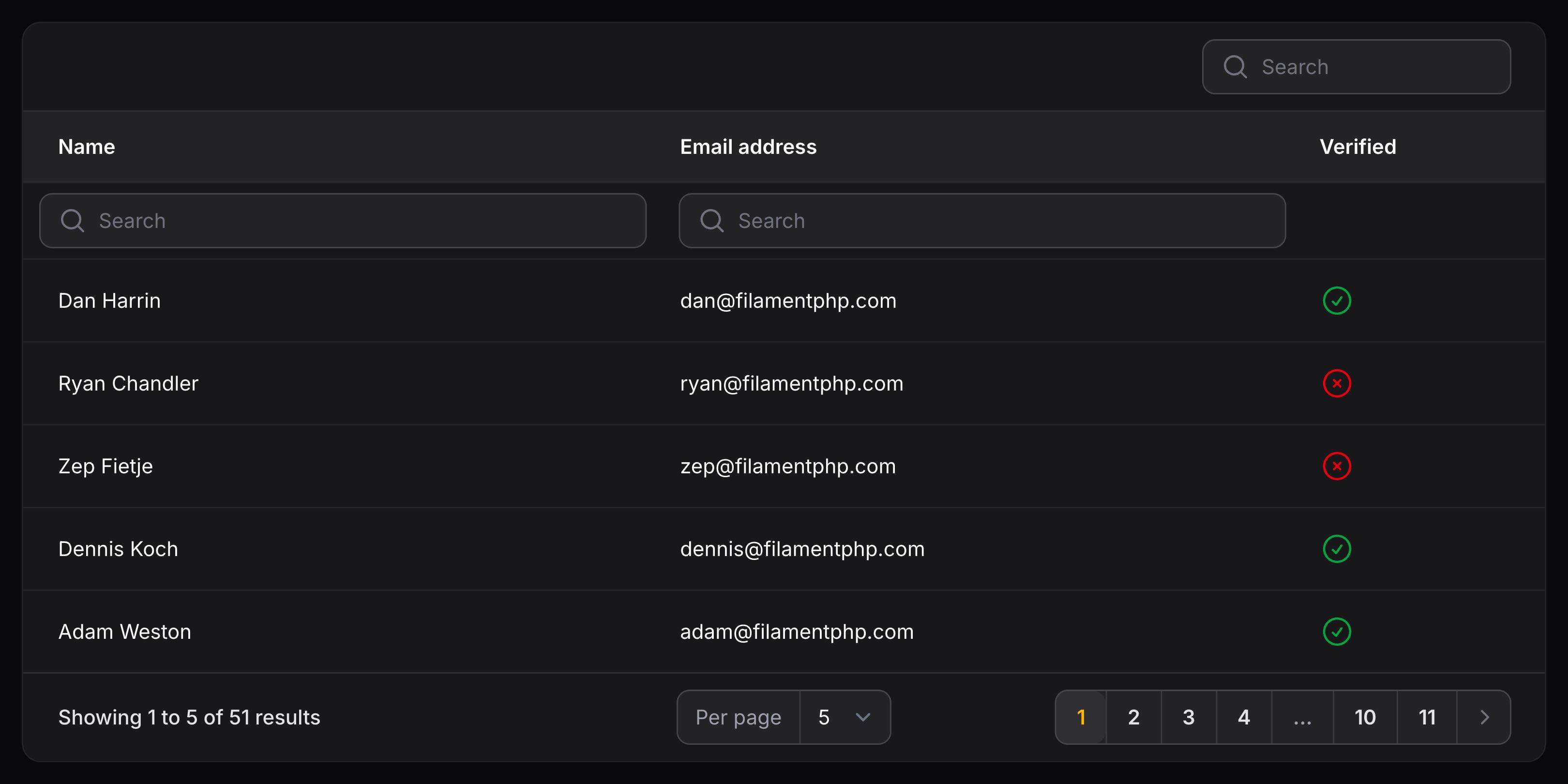 Table with individually searchable column