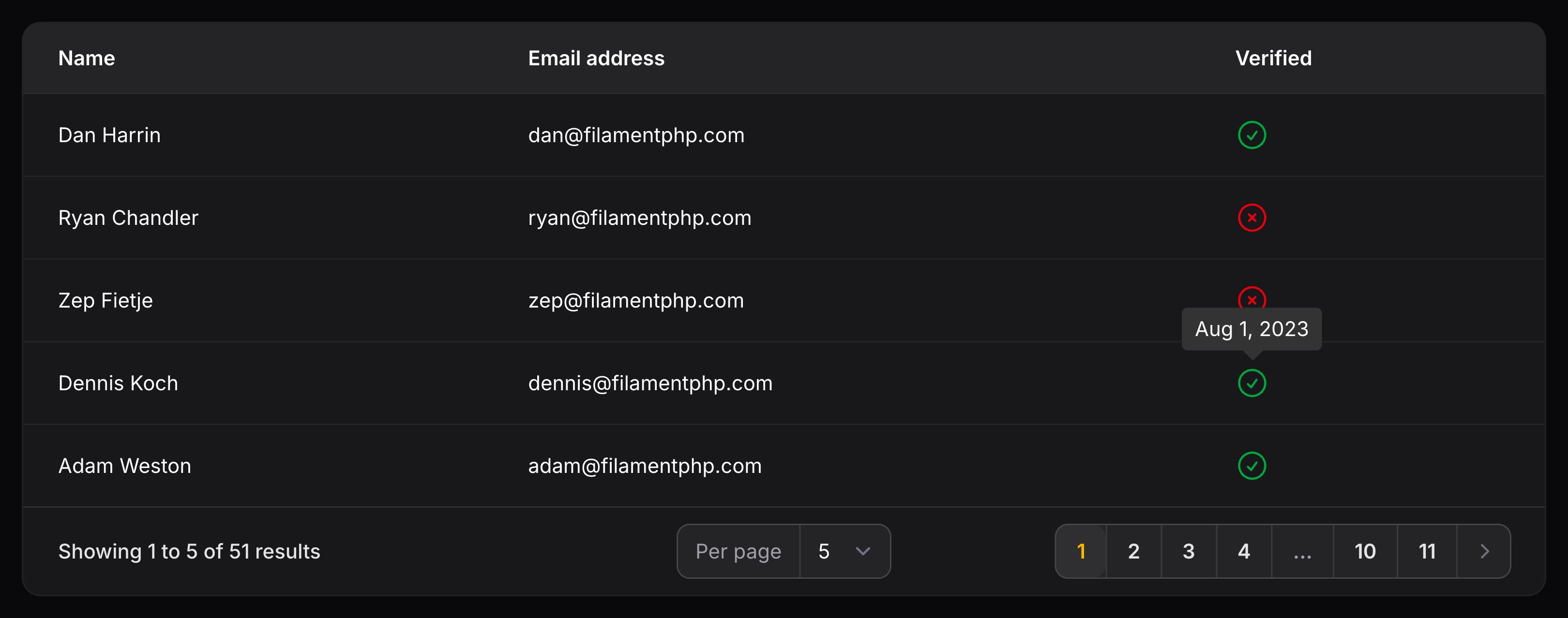 Table with column triggering a tooltip