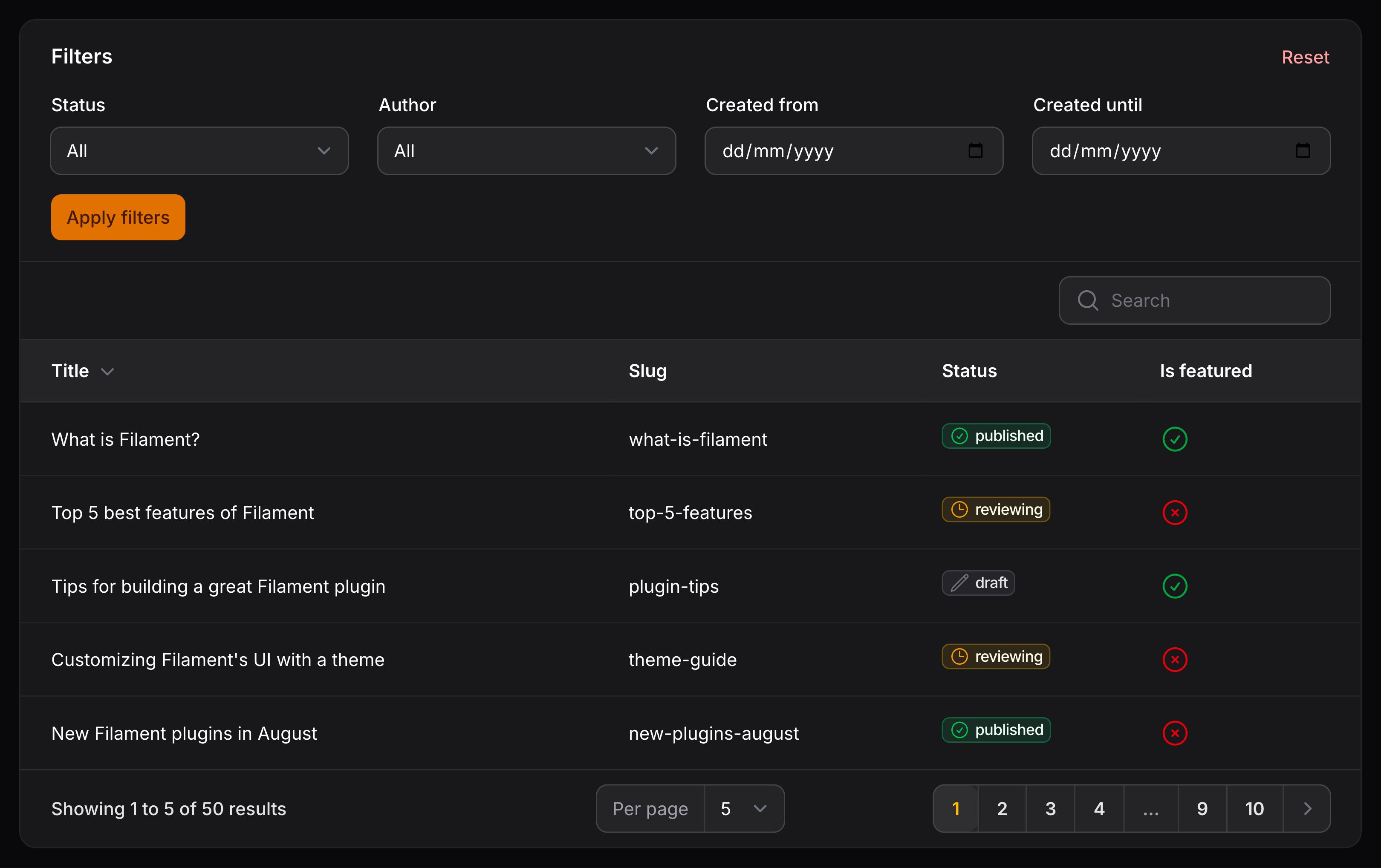 Table with filters above content