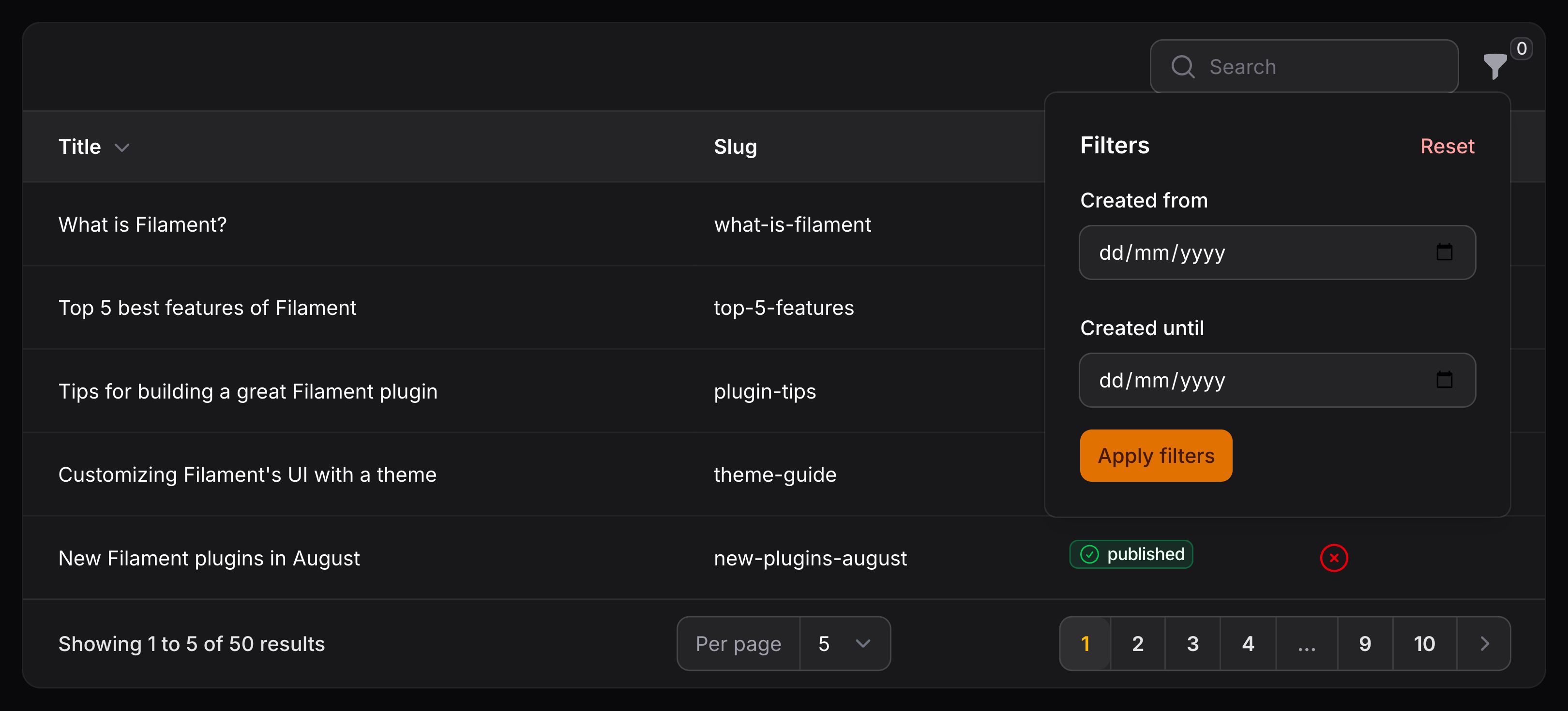 Table with custom filter schema