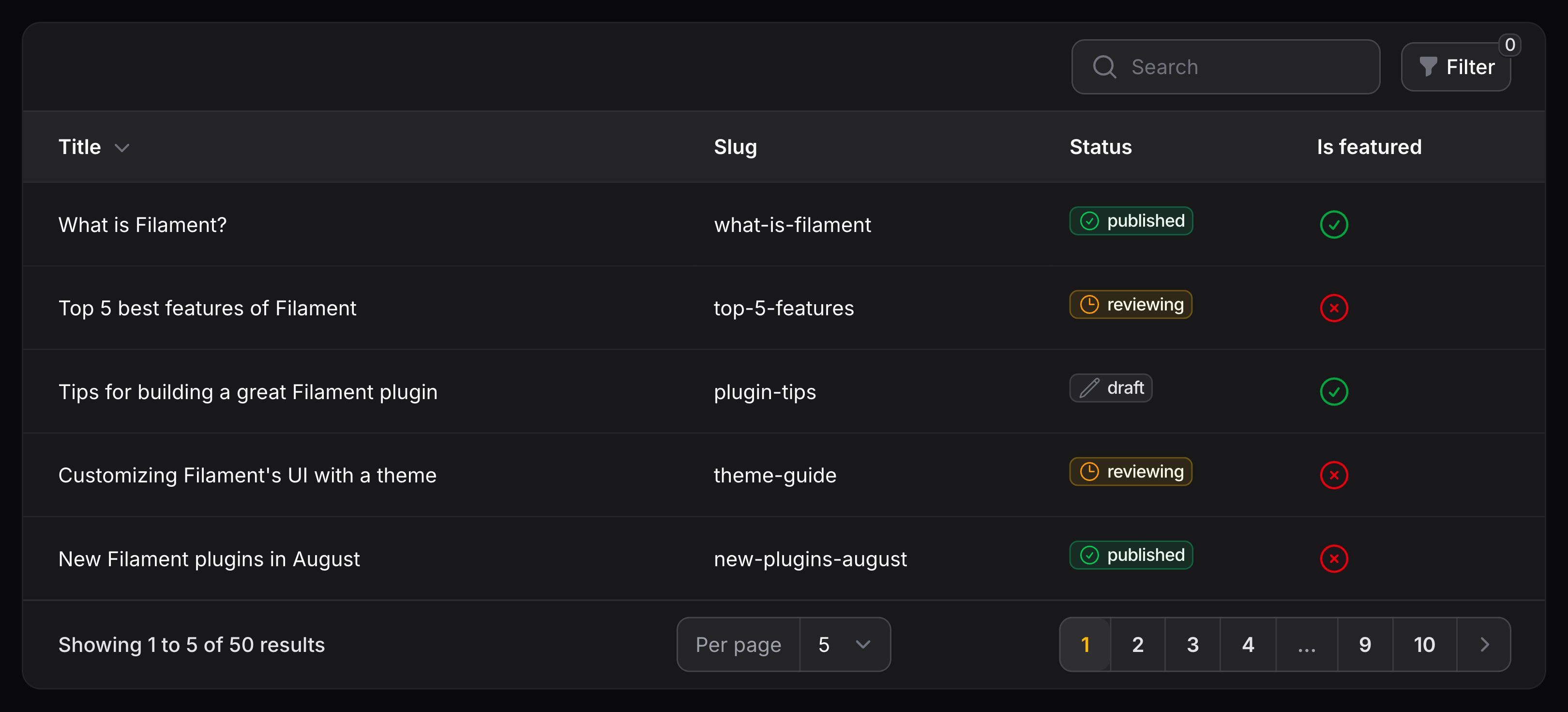 Table with custom filters trigger action