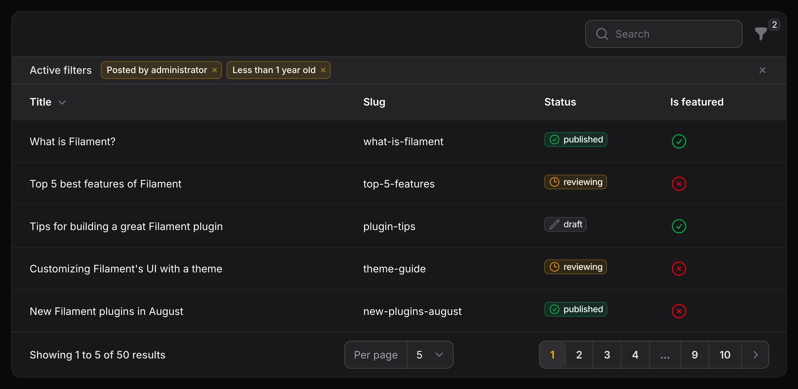 Table with filter indicators
