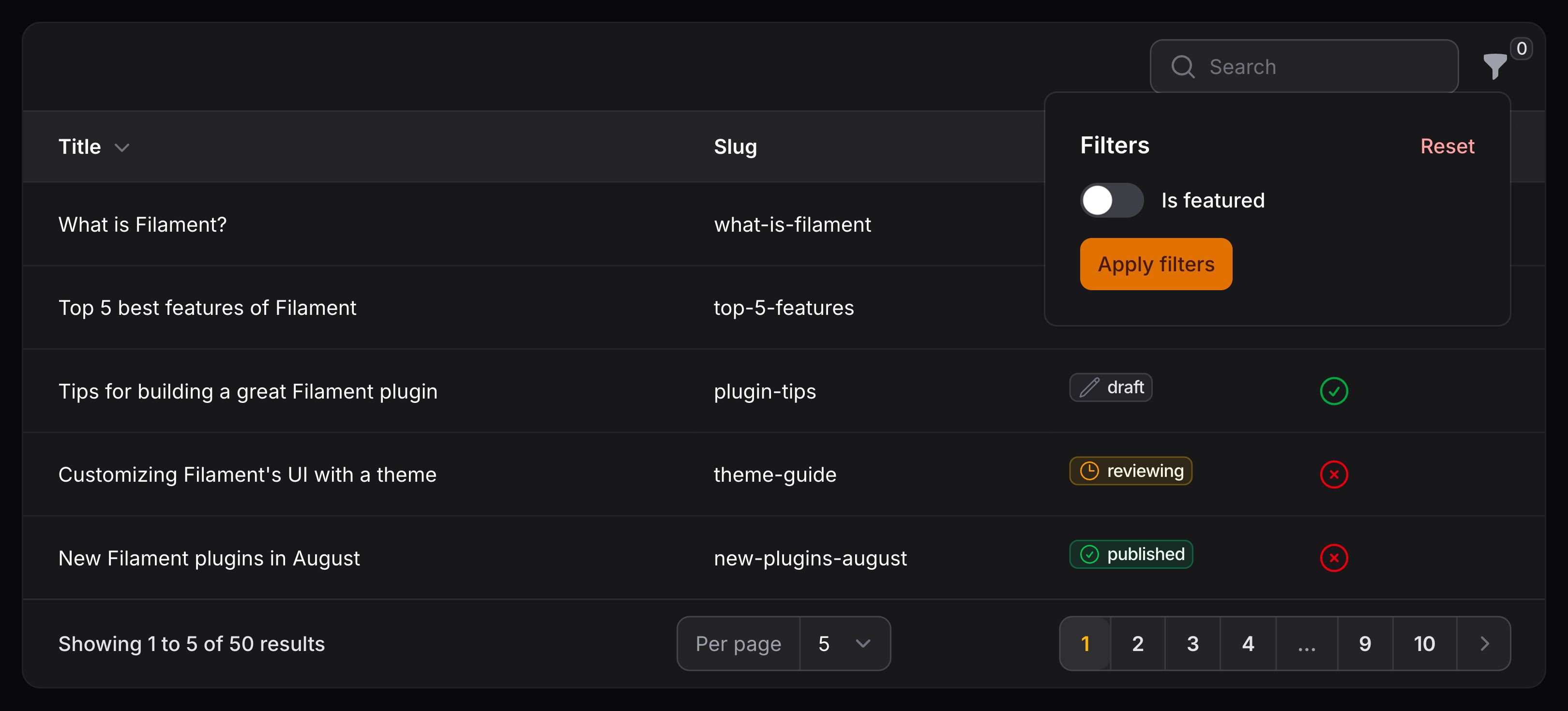 Table with toggle filter