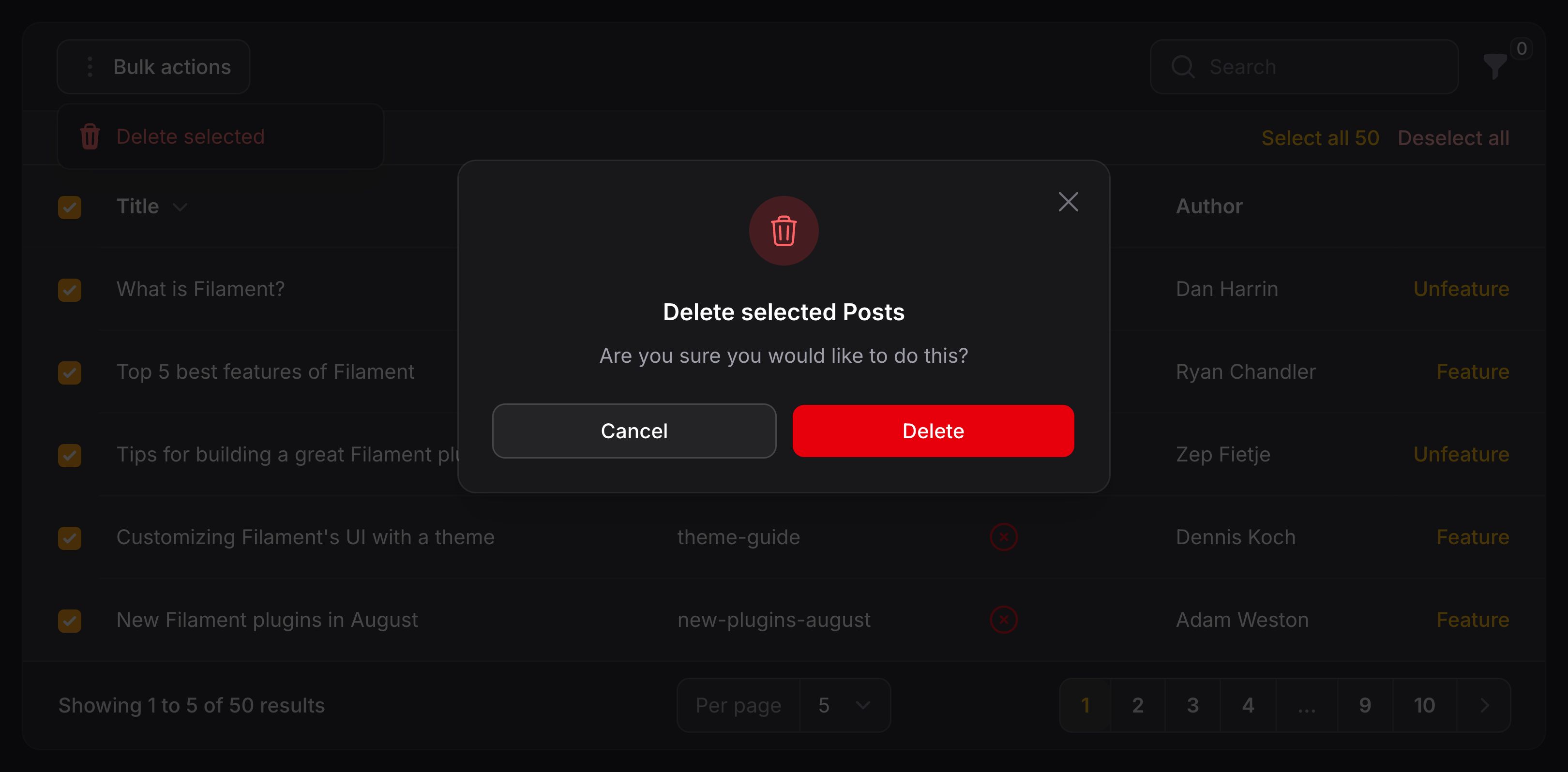 Table with action modal open