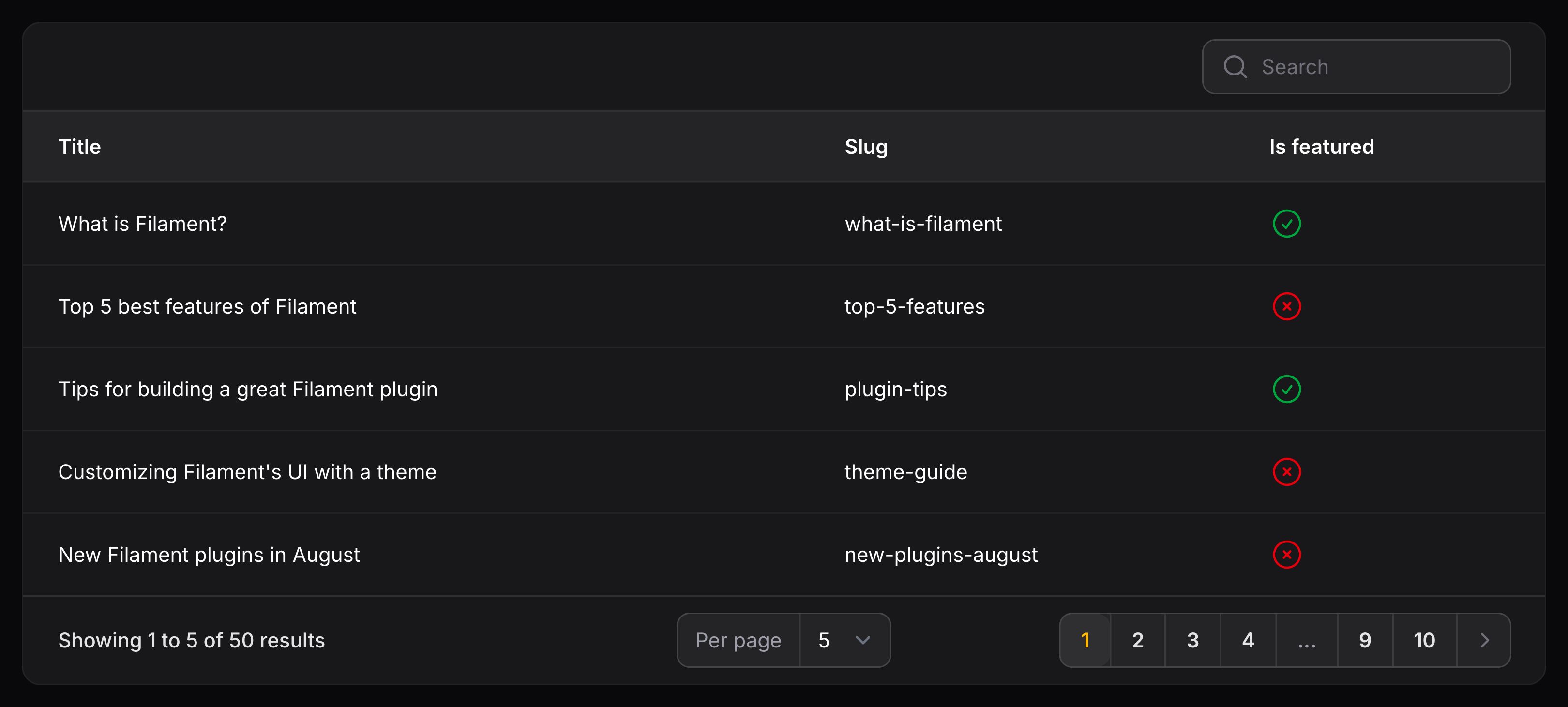 Table with searchable column
