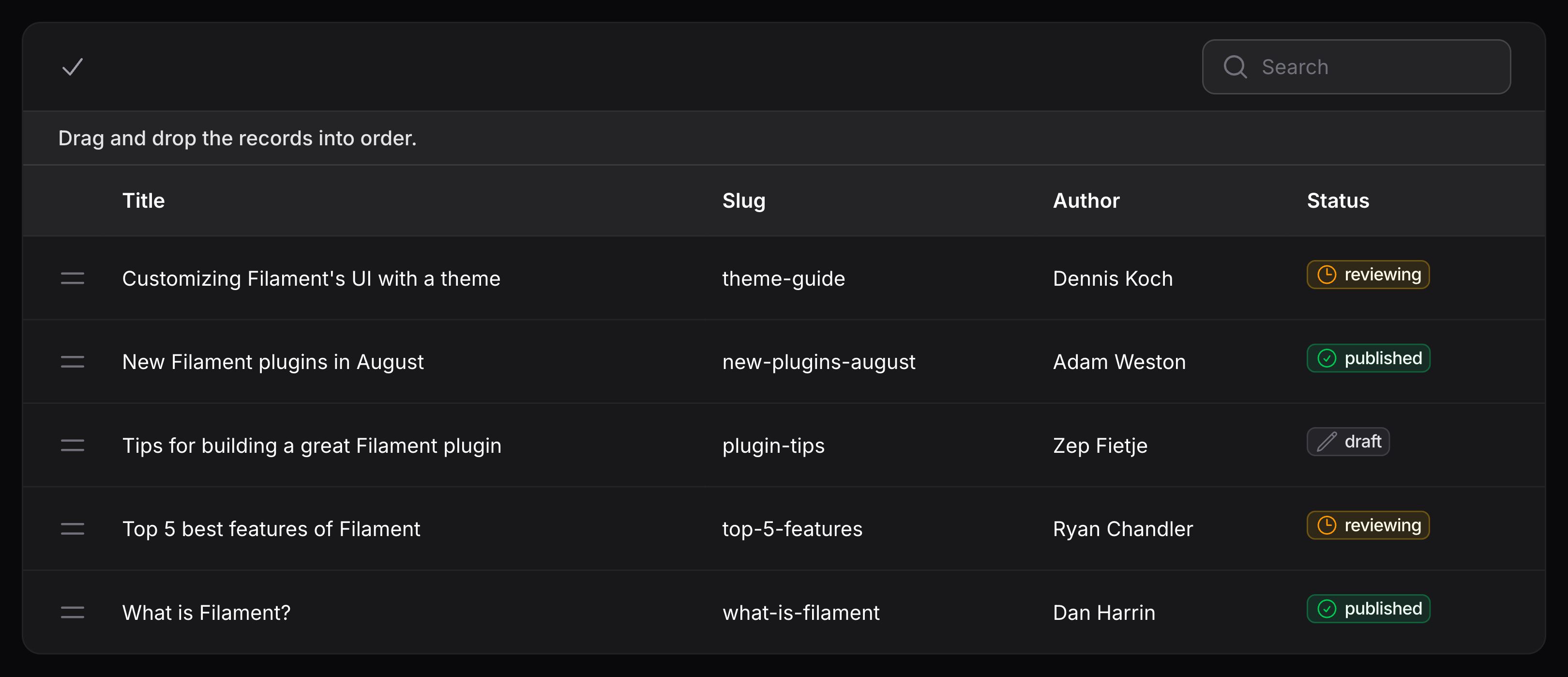 Table with reorderable rows