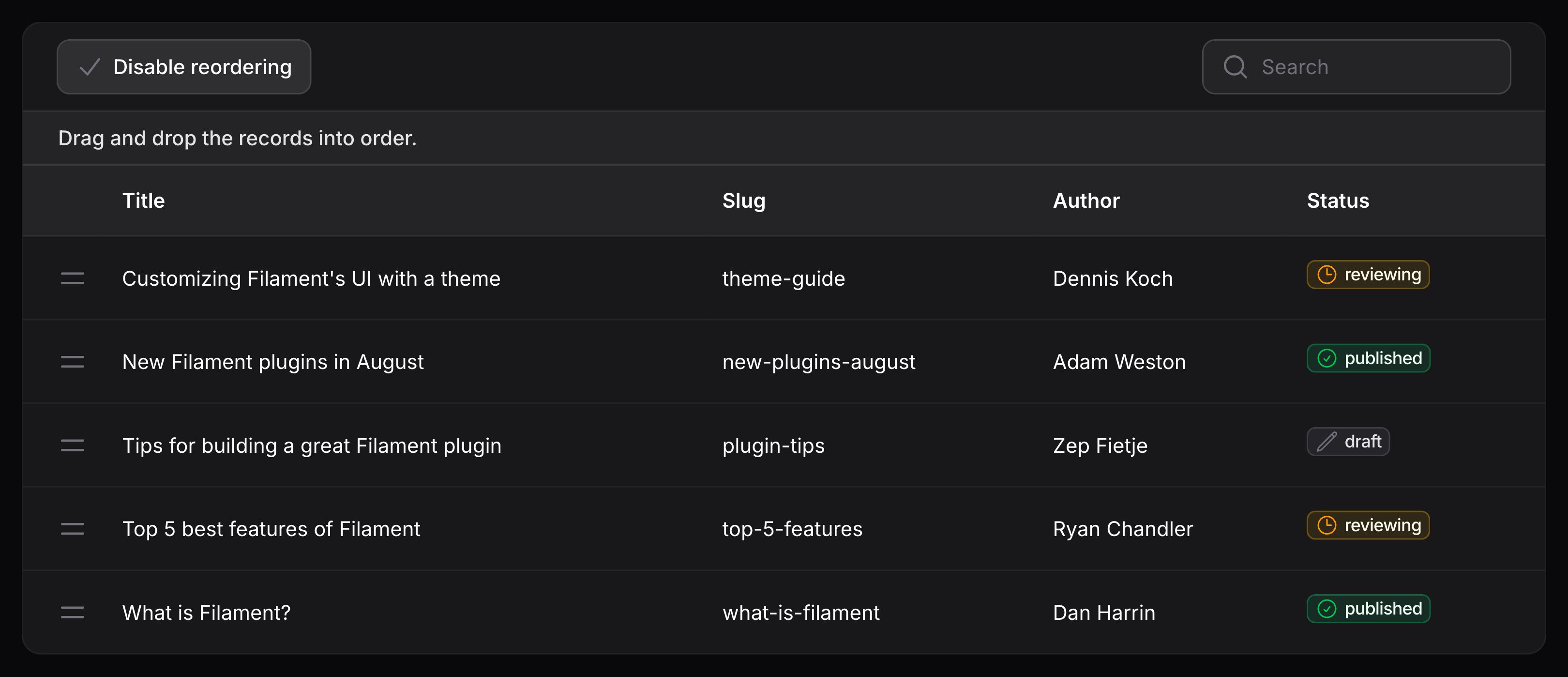 Table with reorderable rows and a custom trigger action
