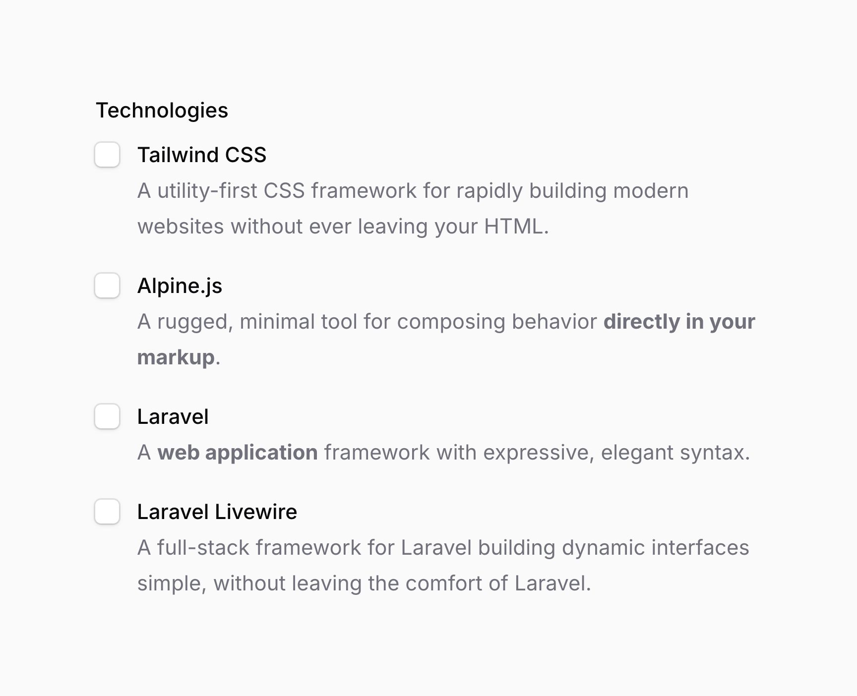 Checkbox list with option descriptions