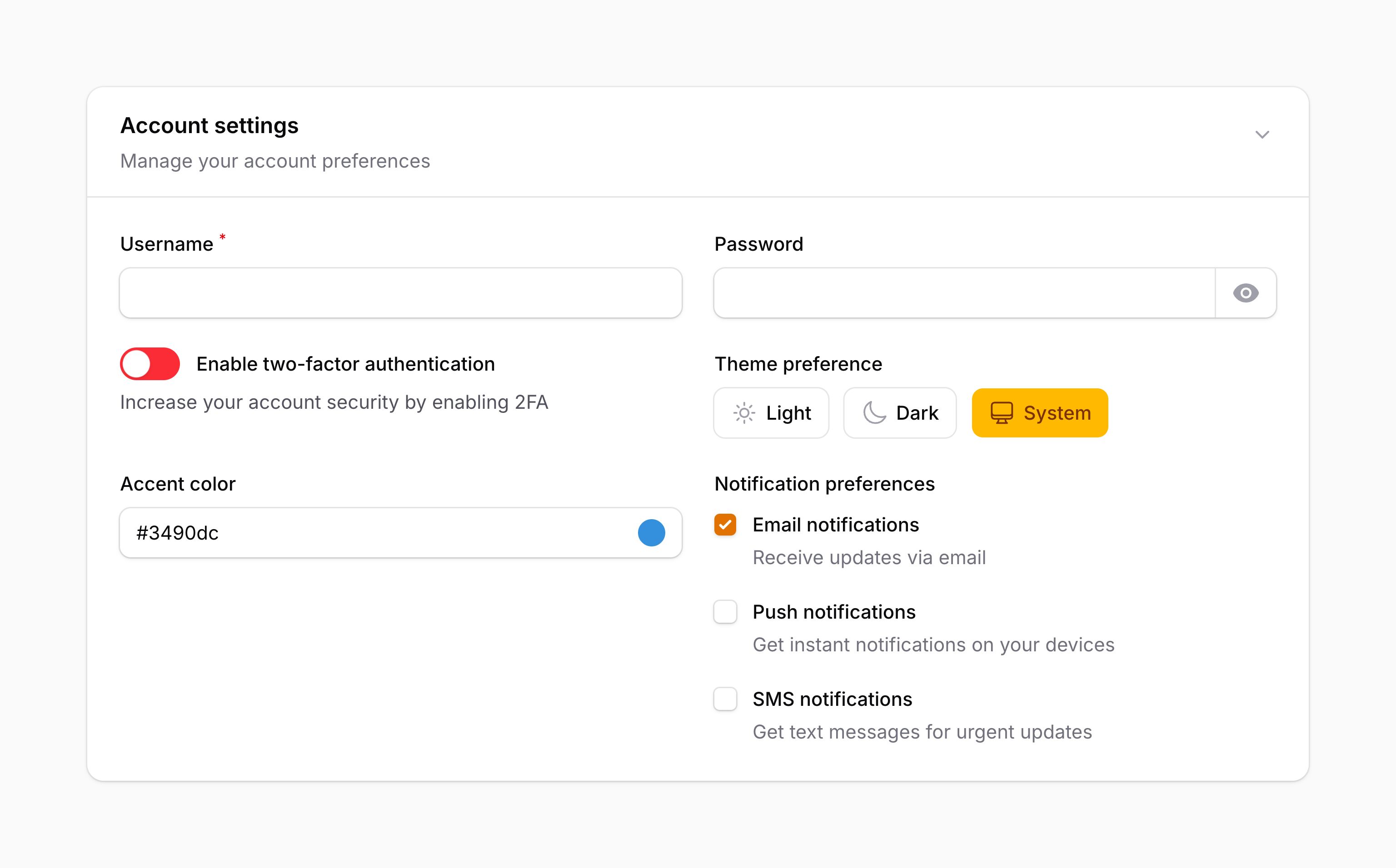 Account settings form example