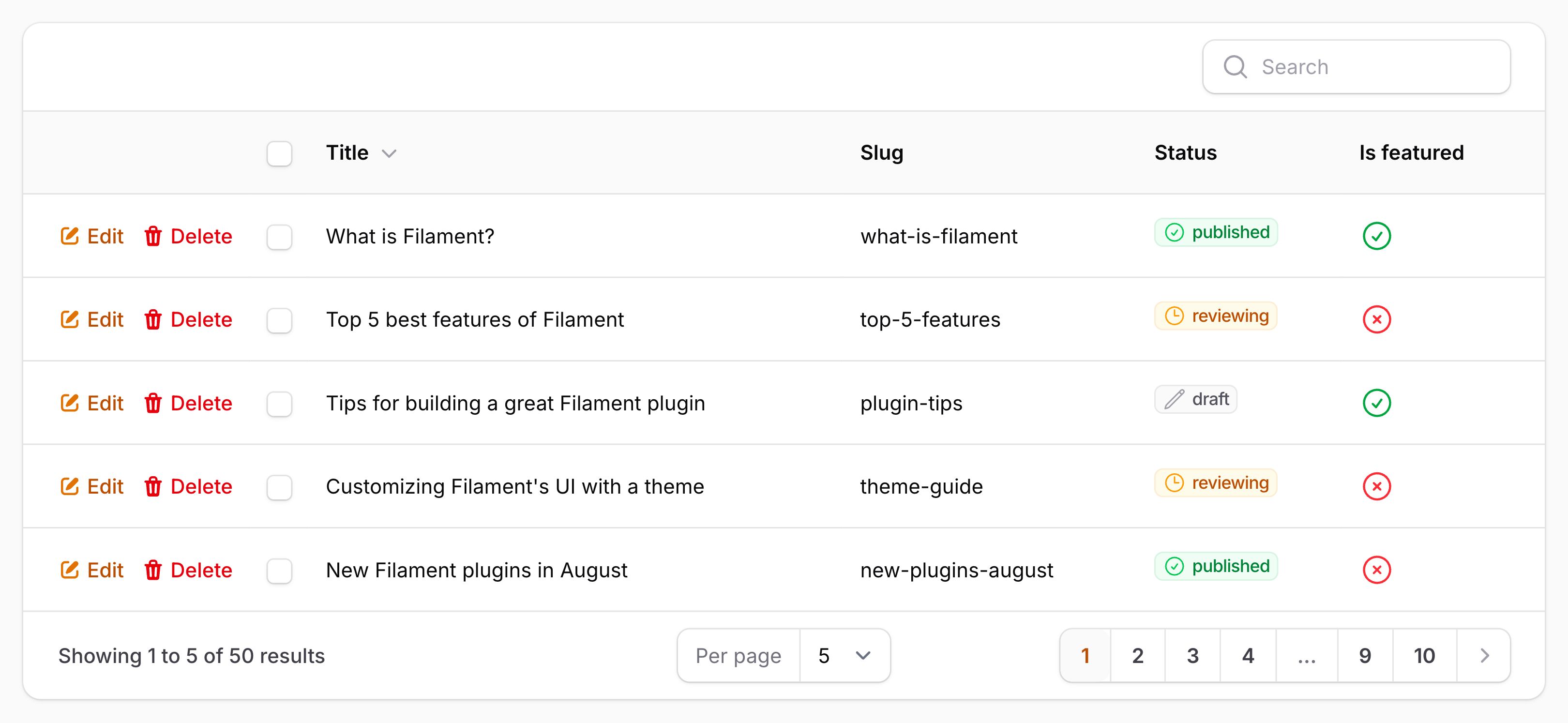 Table with actions before cells