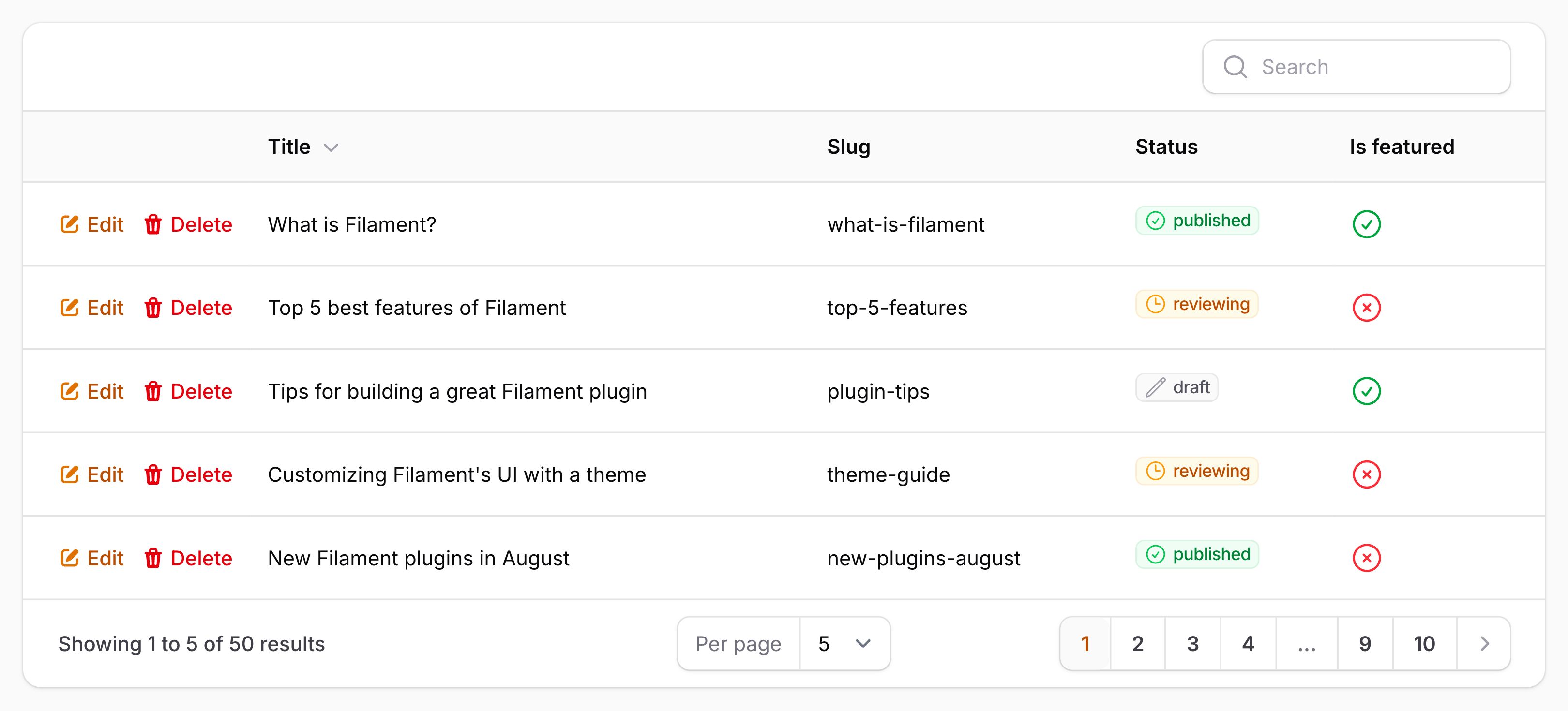 Table with actions before columns
