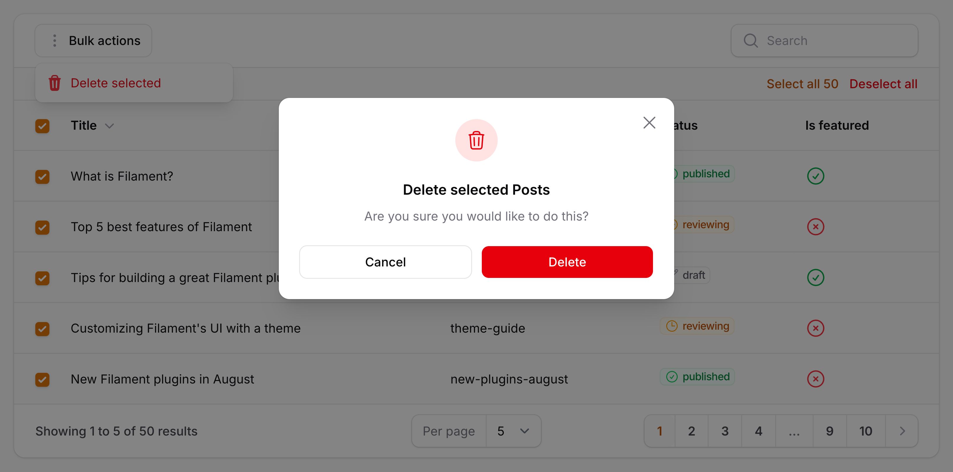 Table with bulk action