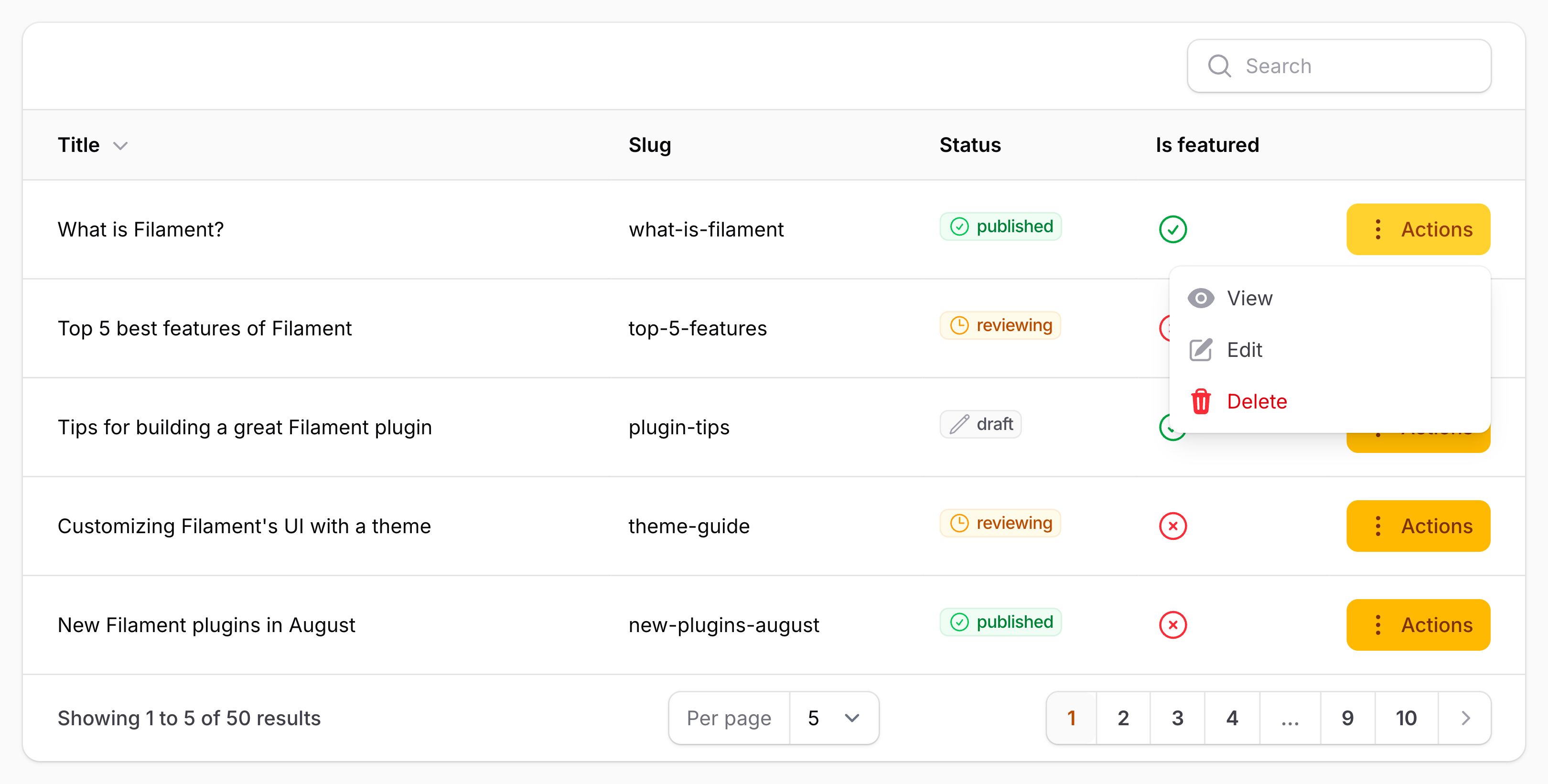 Table with button action group