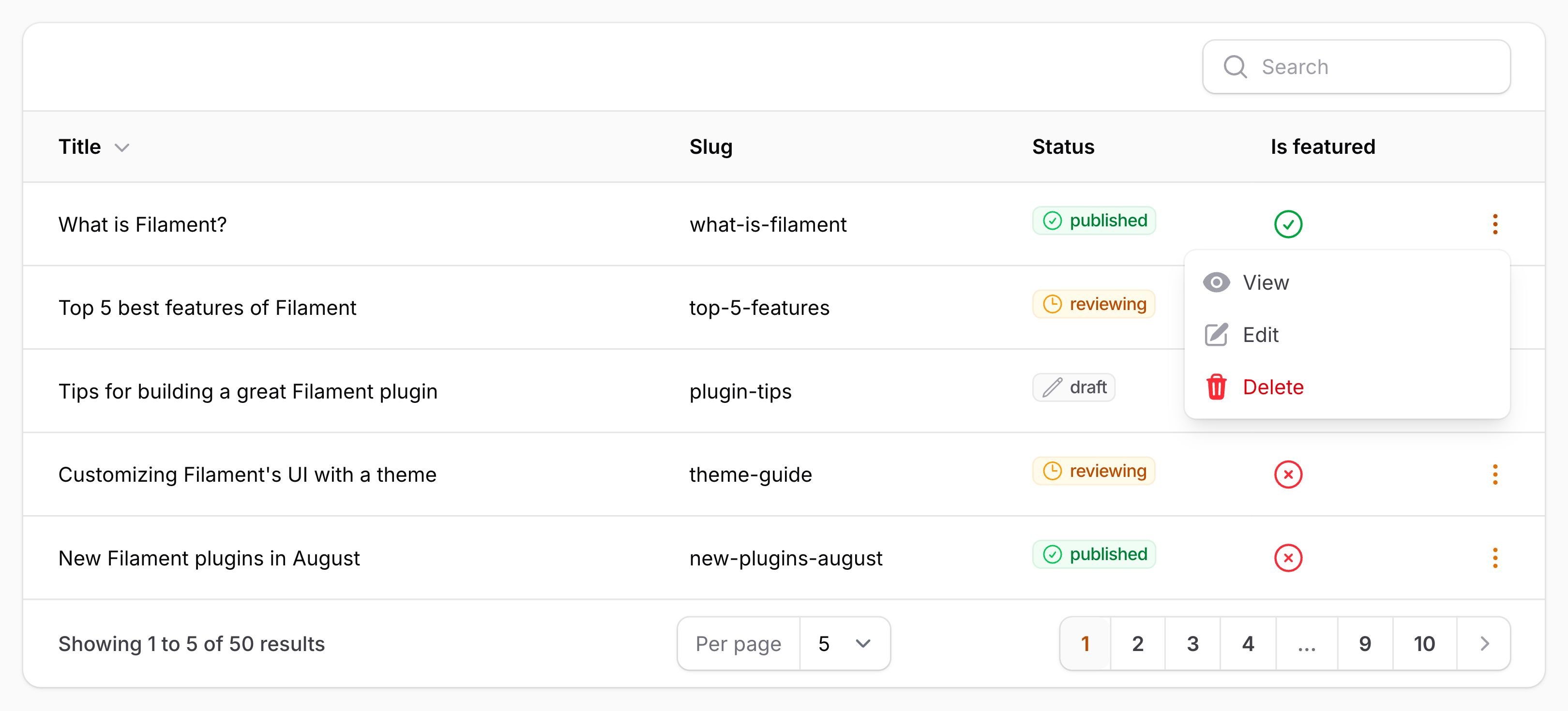 Table with action group