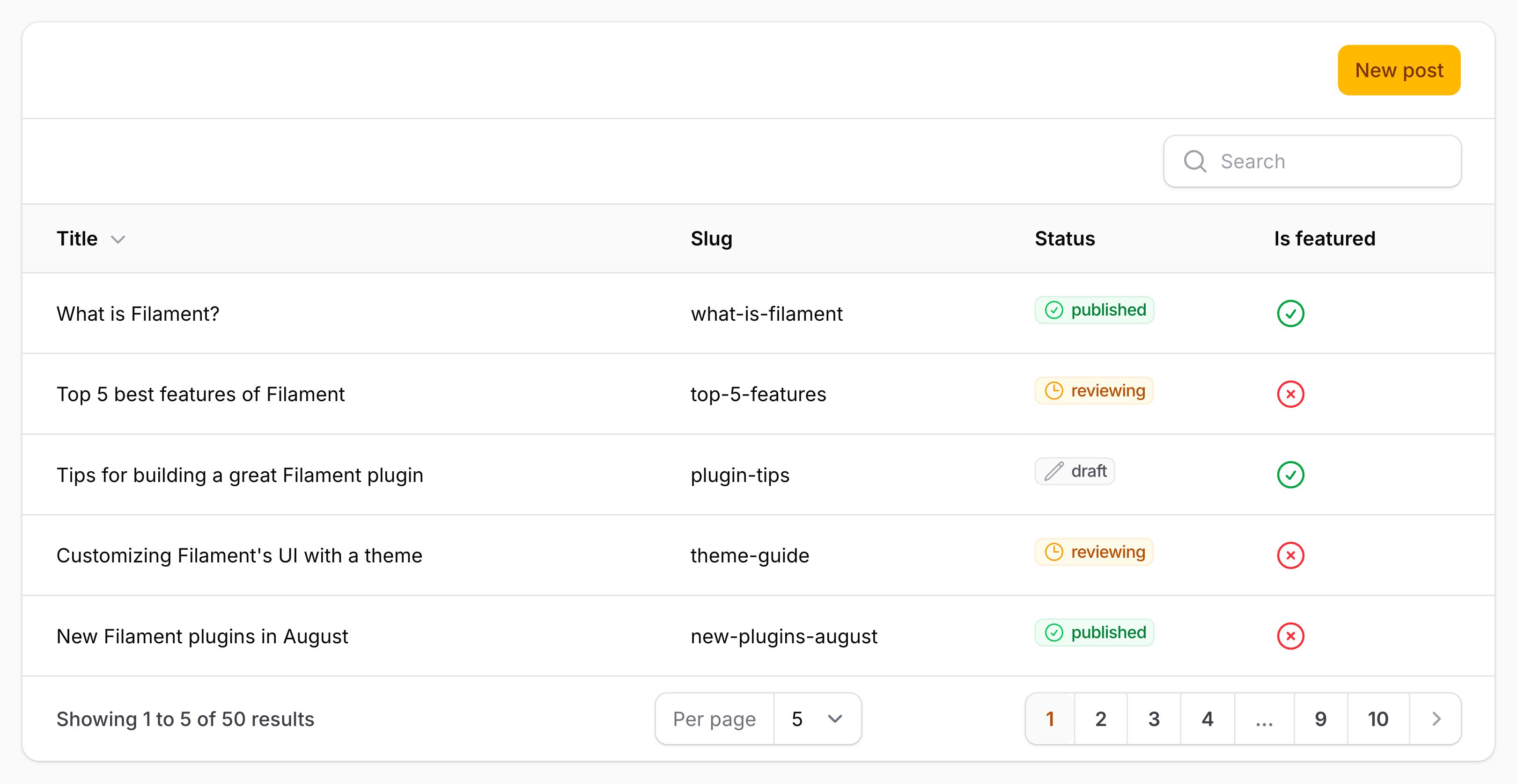 Table with header actions