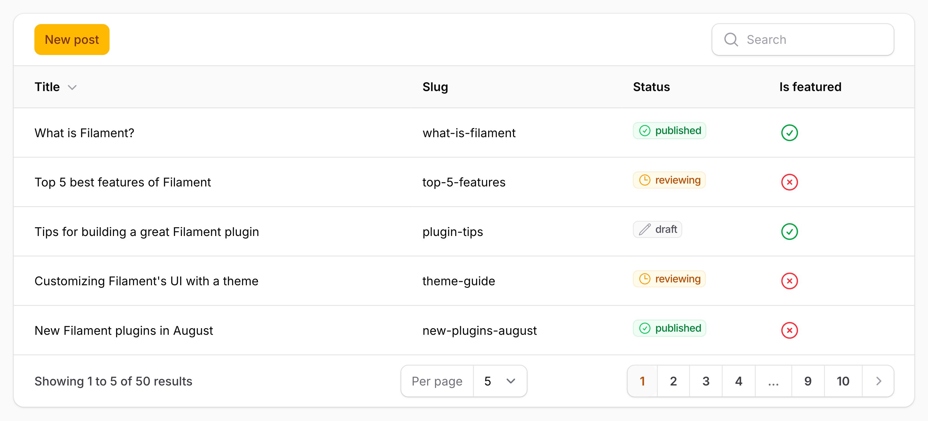 Table with toolbar actions