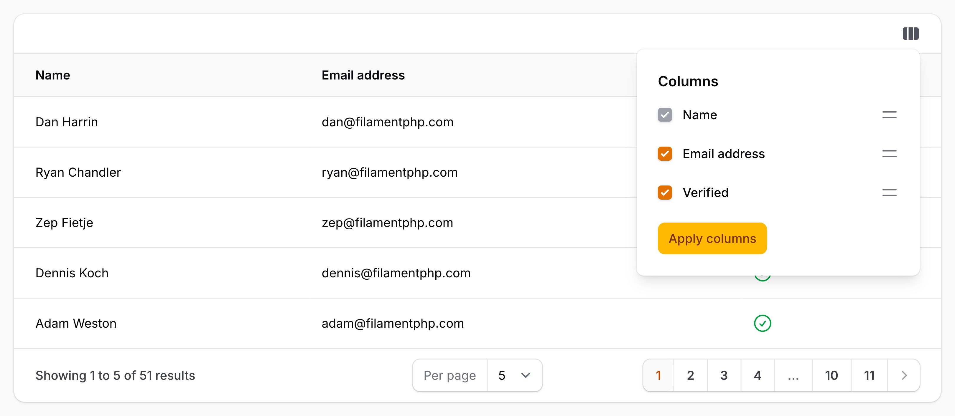 Table with reorderable column manager