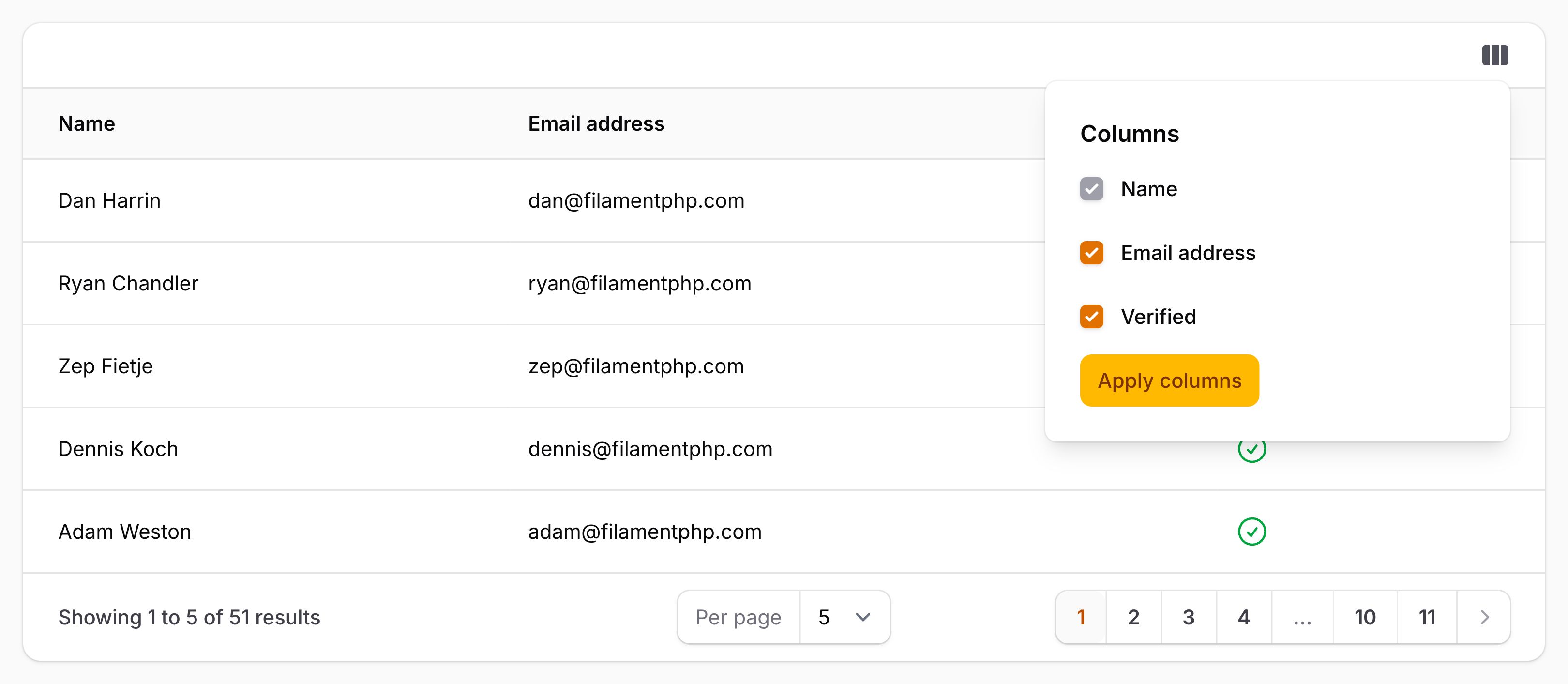 Table with column manager