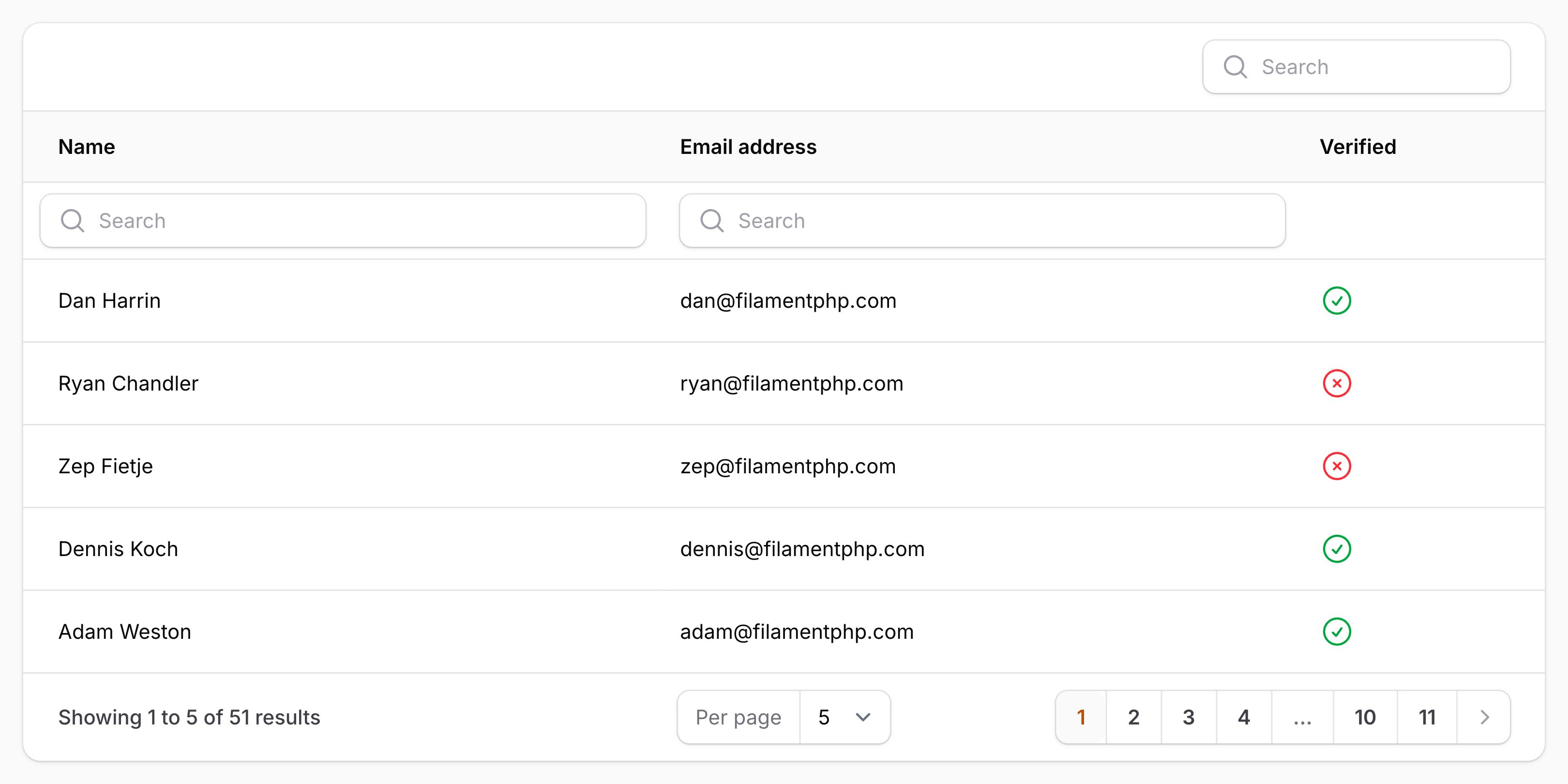 Table with individually searchable column