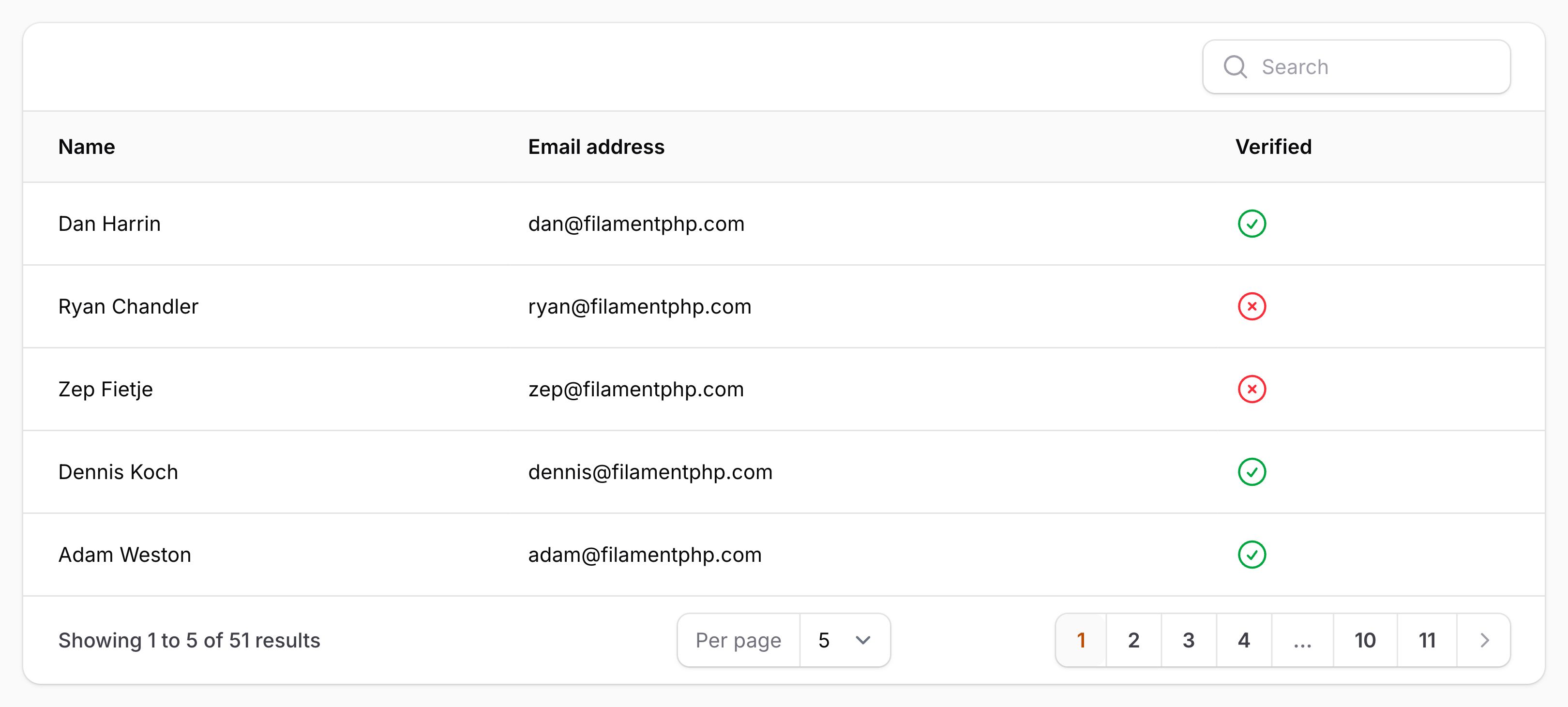 Table with searchable column