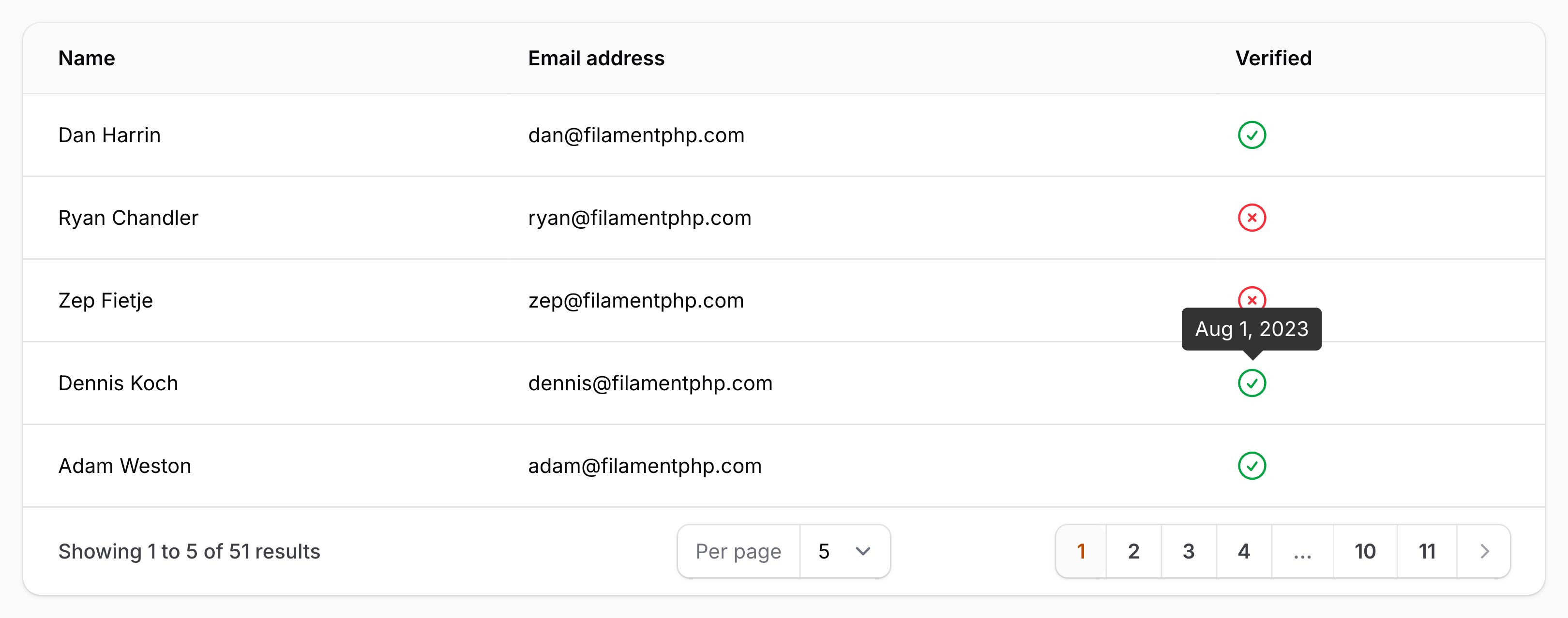 Table with column triggering a tooltip