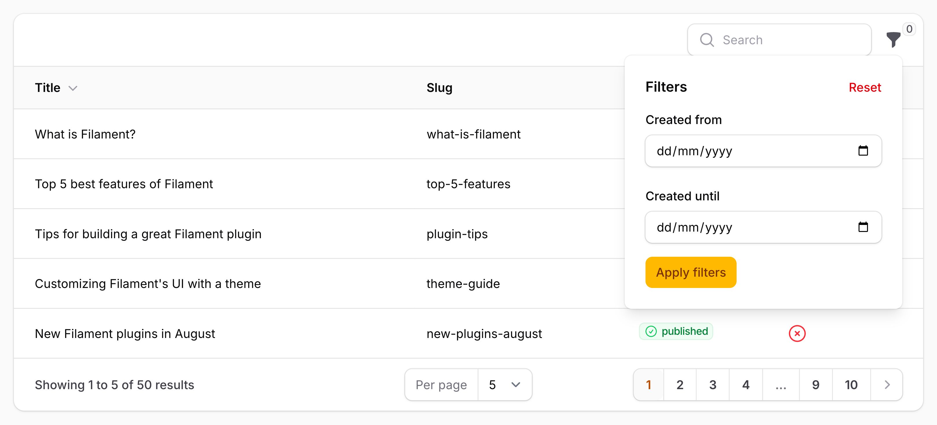 Table with custom filter schema