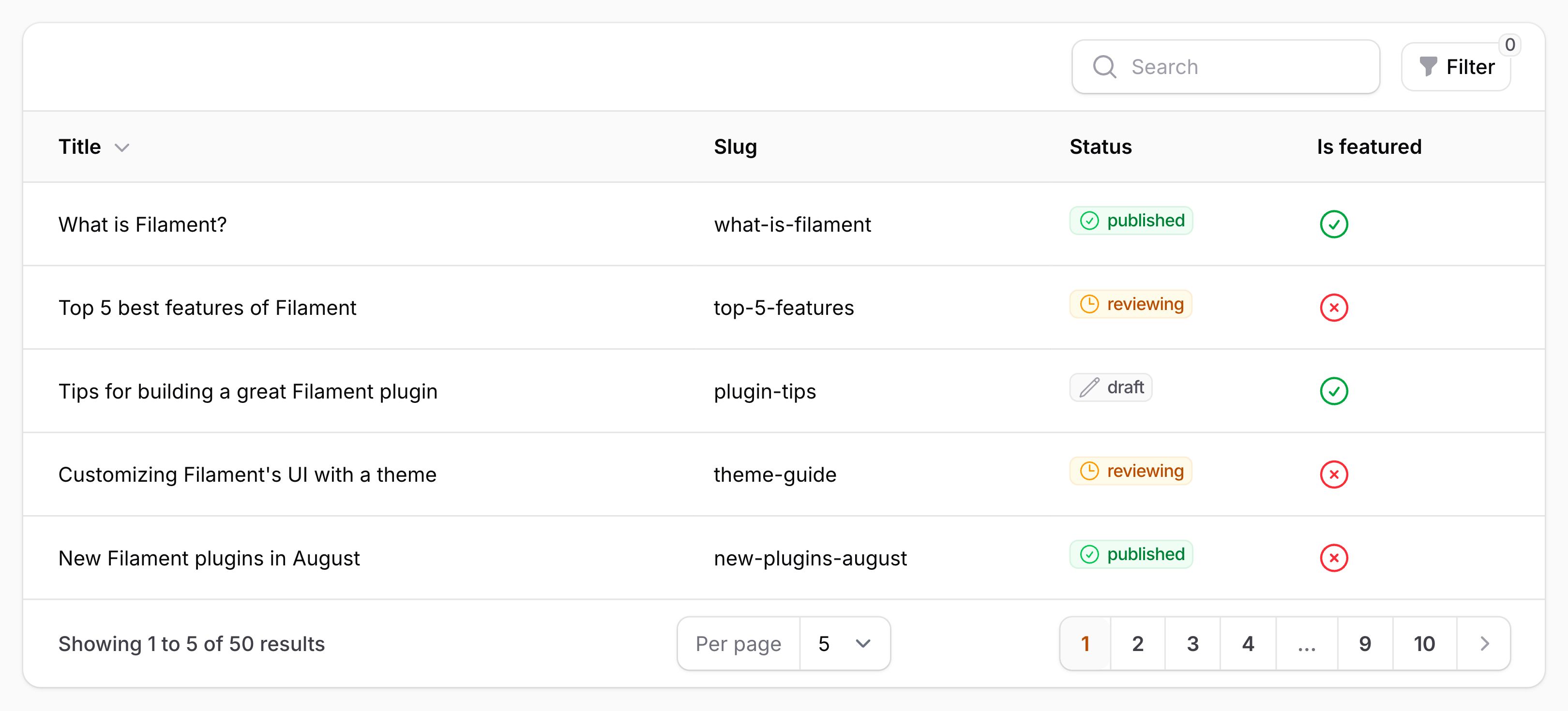 Table with custom filters trigger action