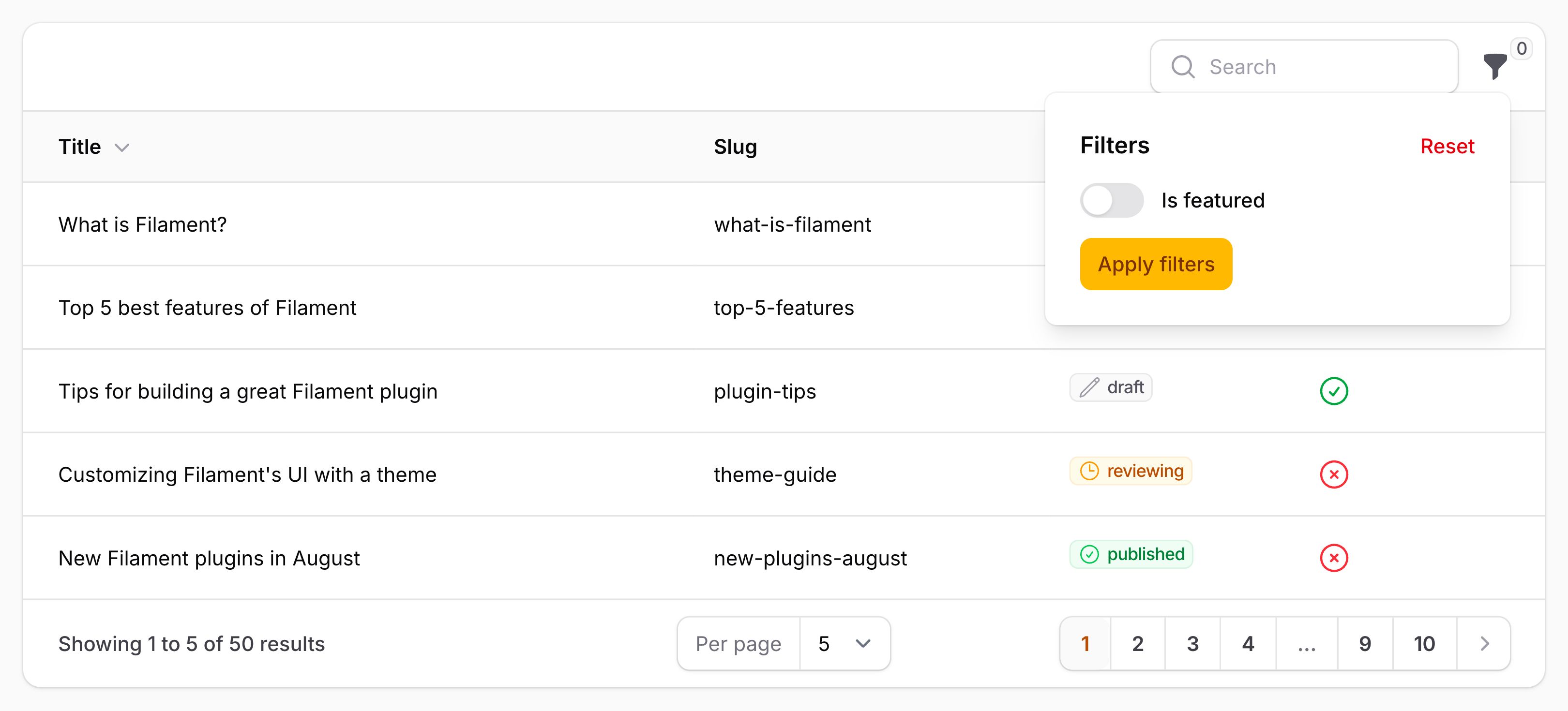 Table with toggle filter