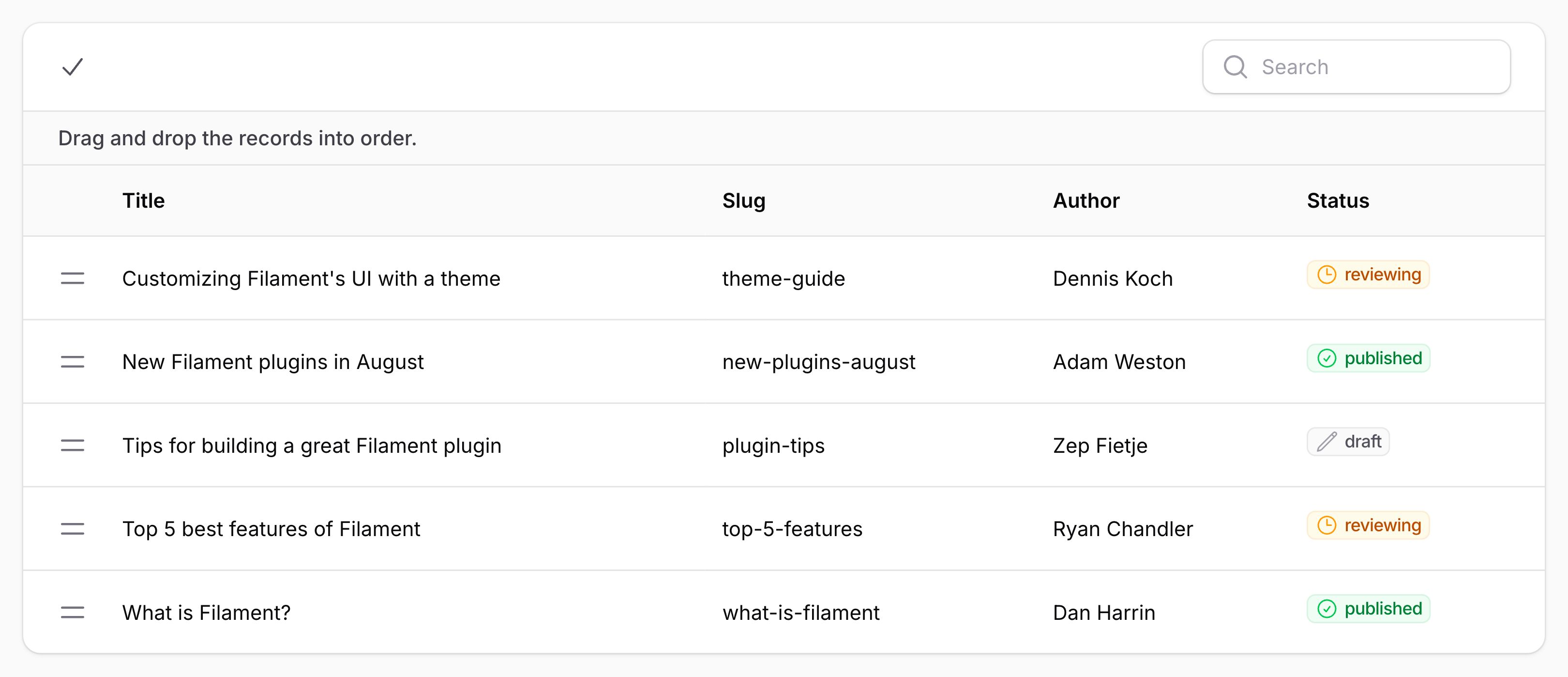 Table with reorderable rows